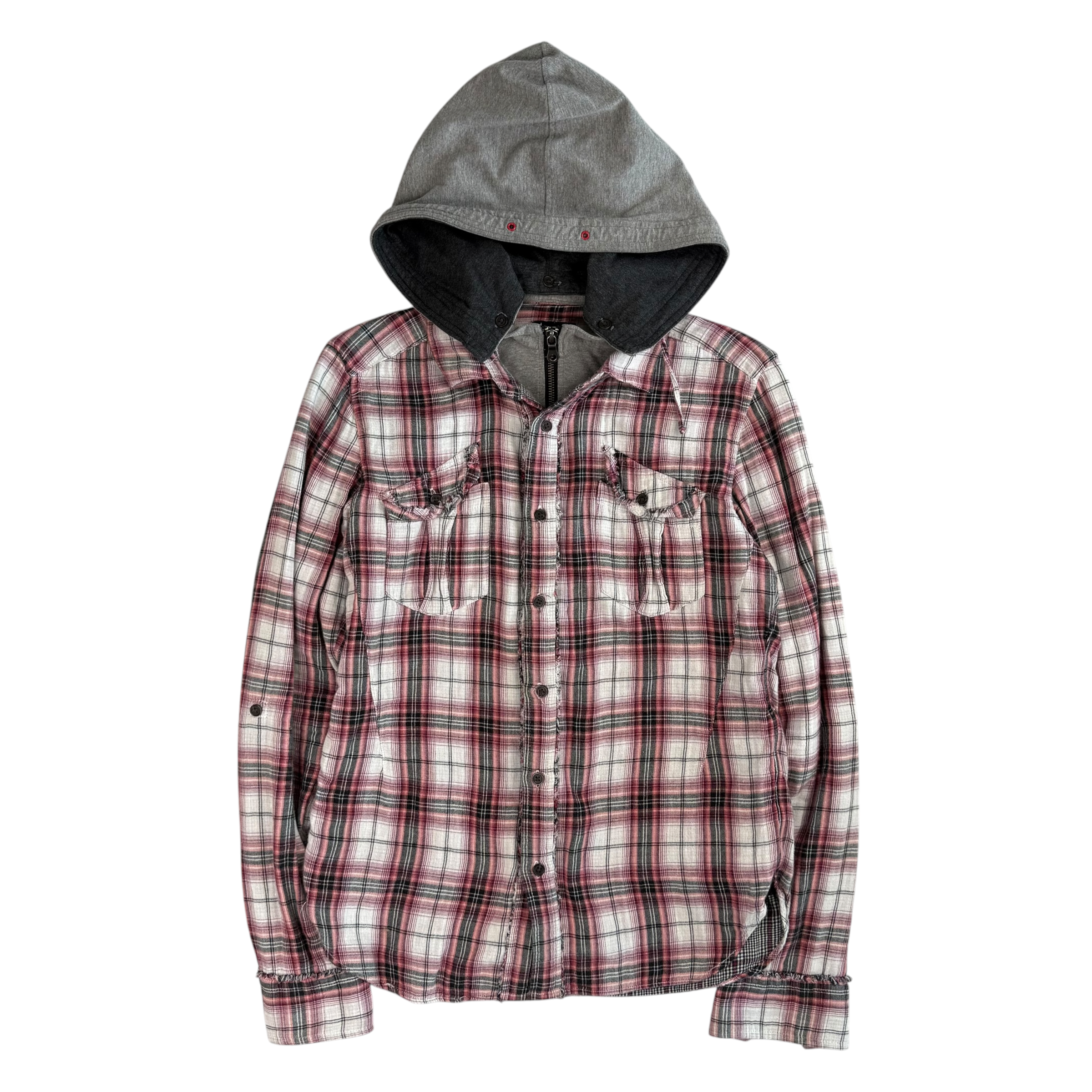 (M) PPFM PLAID DOUBLE LAYERED HOODIE - RED