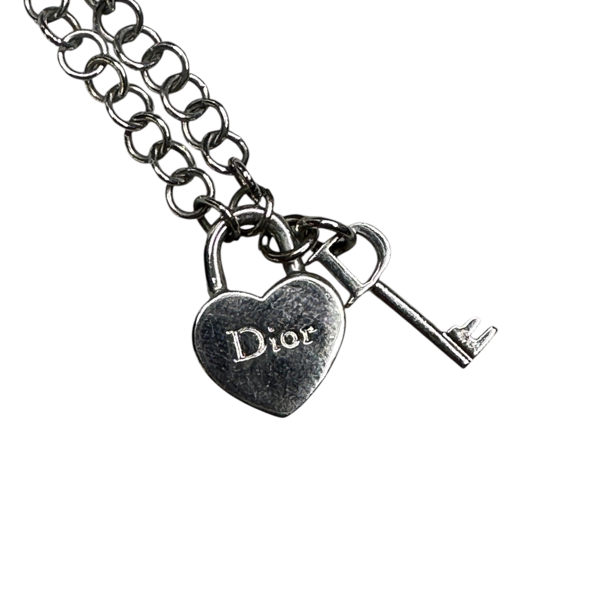 DIOR HEART PADLOCK & KEY PENDANT NECKLACE - SILVER PLATED (BRASS)
