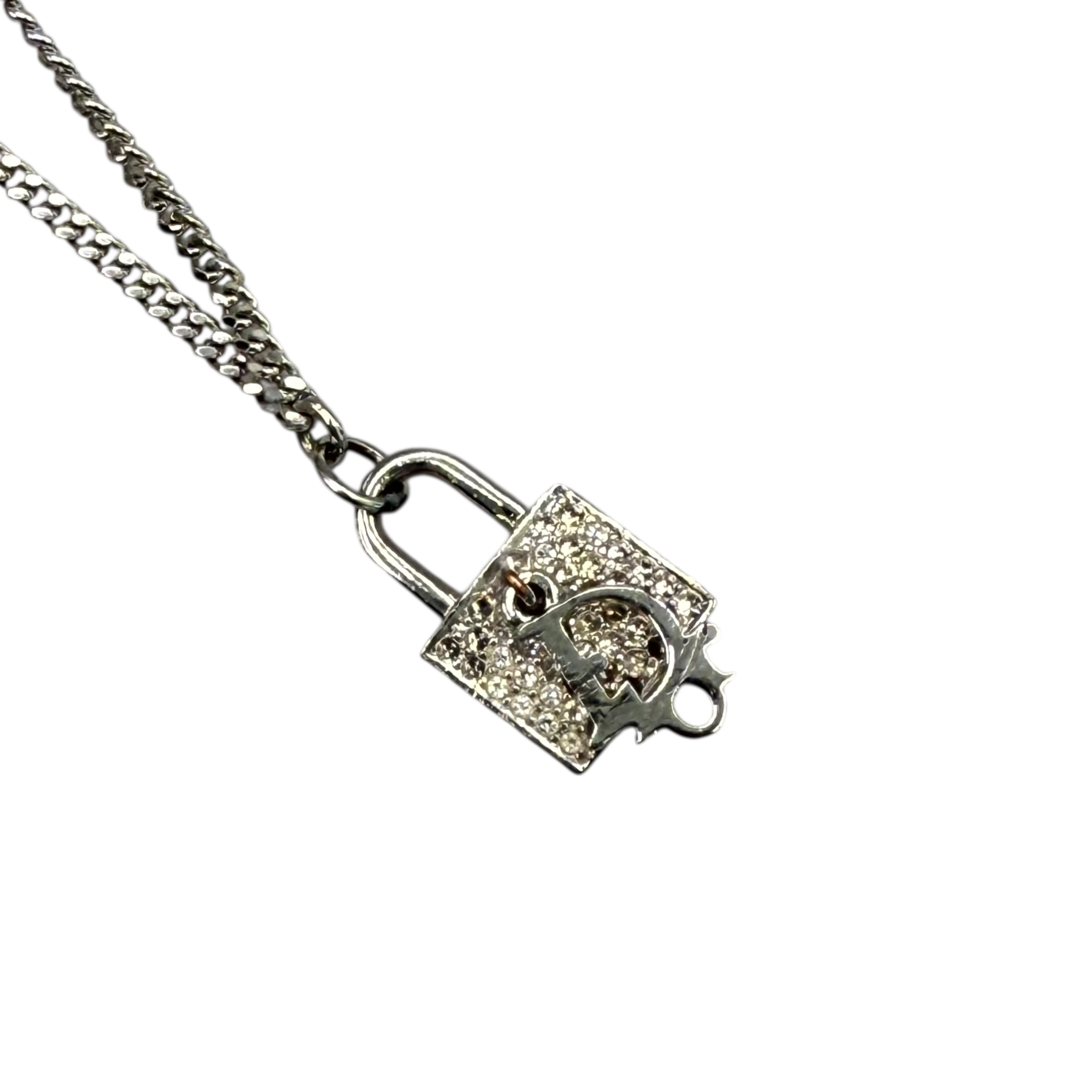 DIOR RHINESTONE PADLOCK NECKLACE - SILVER PLATED