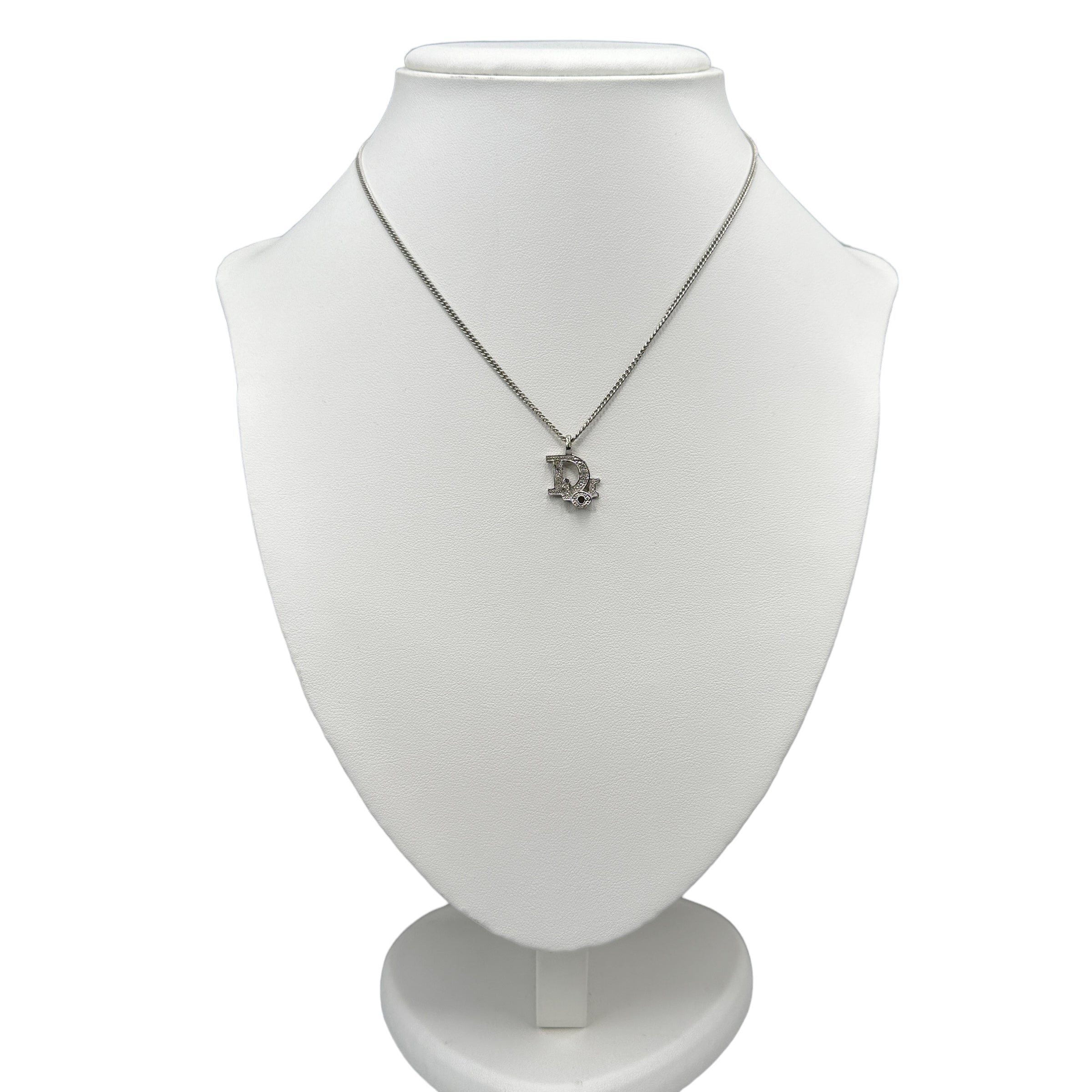 DIOR RHINESTONE OBLIQUE PENDANT NECKLACE - SILVER