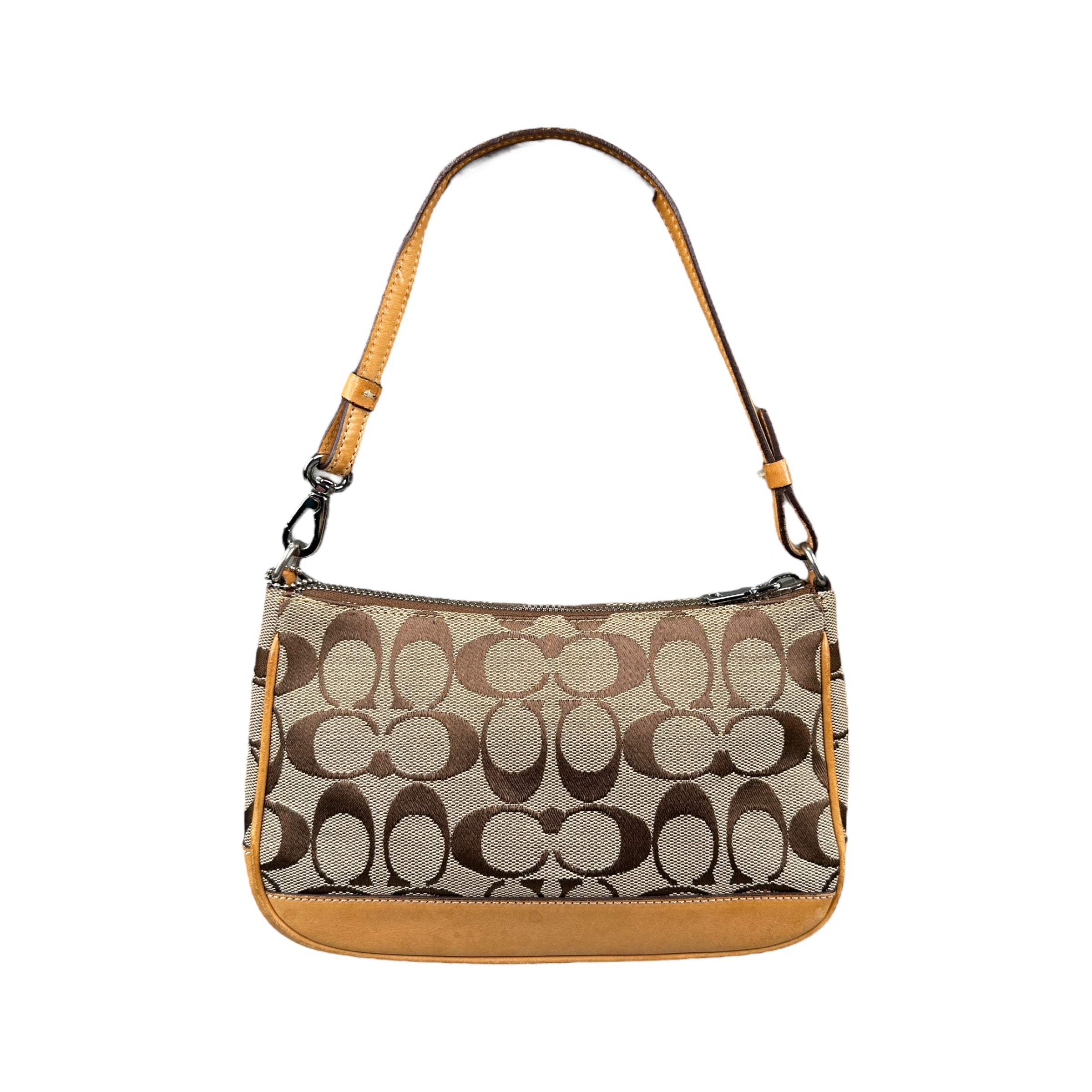 COACH SIGNATURE CANVAS MINI POCHETTE BAG - BEIGE / TAN