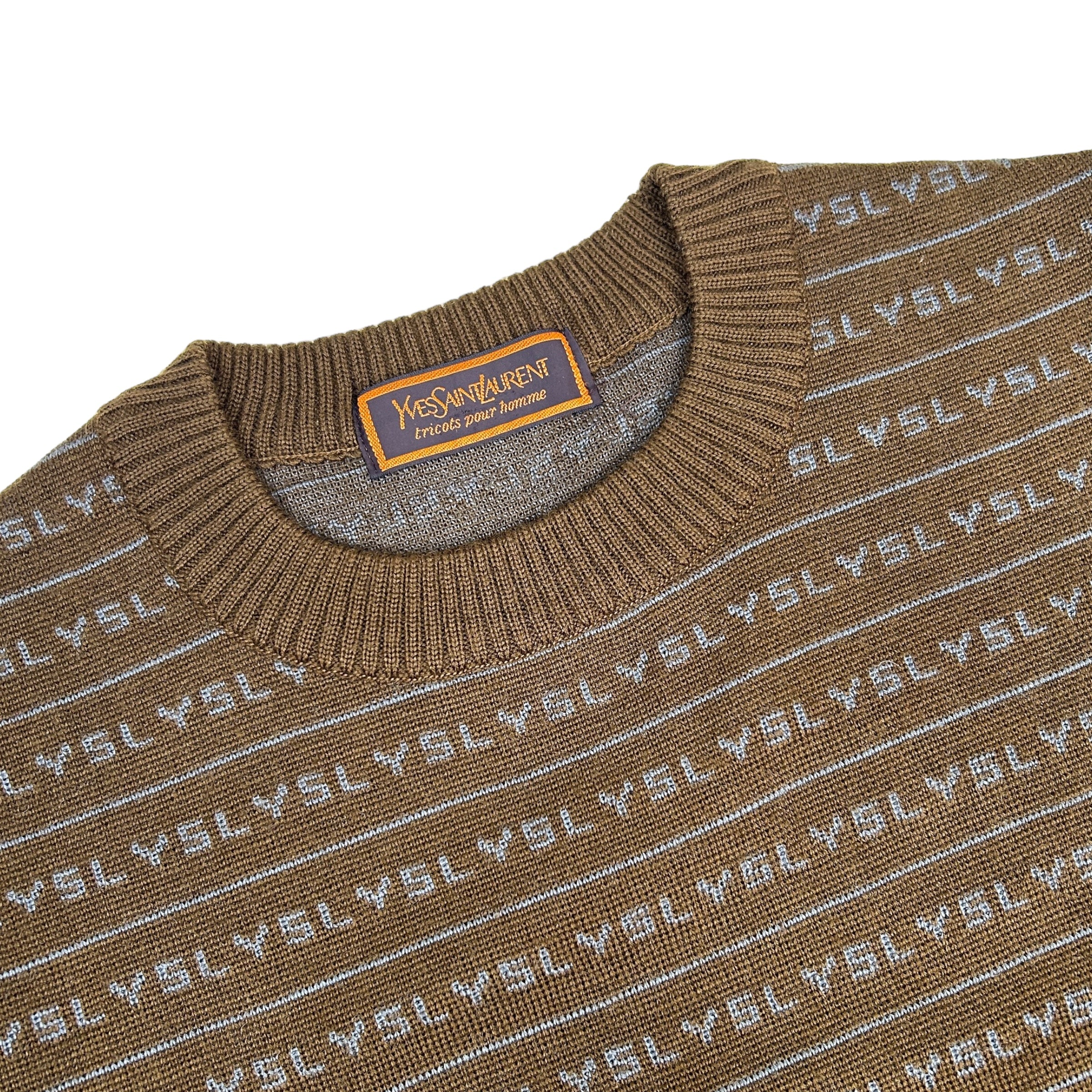 YSL BROWN AND BLUE REPEAT SPELLOUT KNIT SWEATER