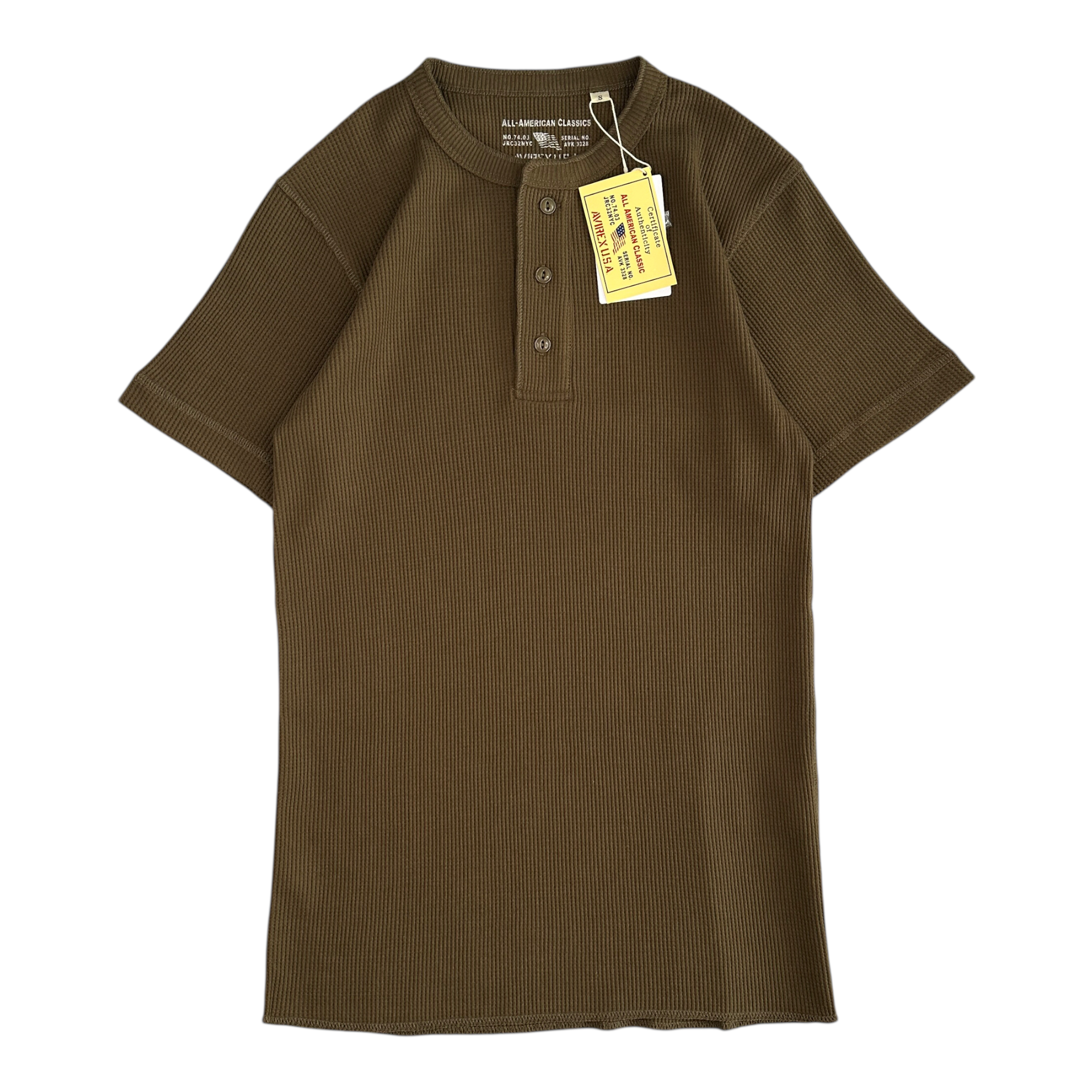 (NEW) AVIREX WAFFLE HENLEY SHORT SLEEVE TOP - OLIVE