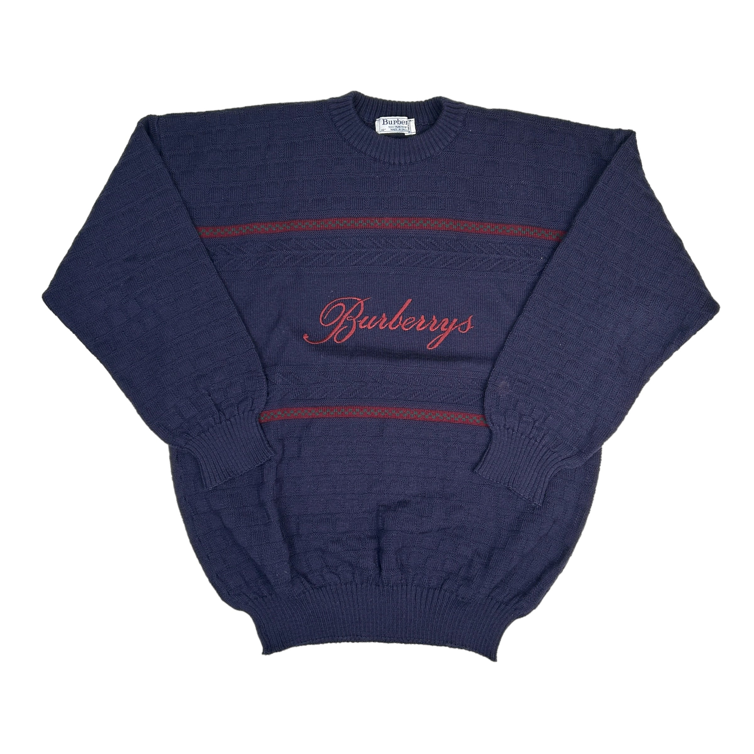 BURBERRY SCRIPT LOGO PURE WOOL KNIT SWEATER - NAVY/RED