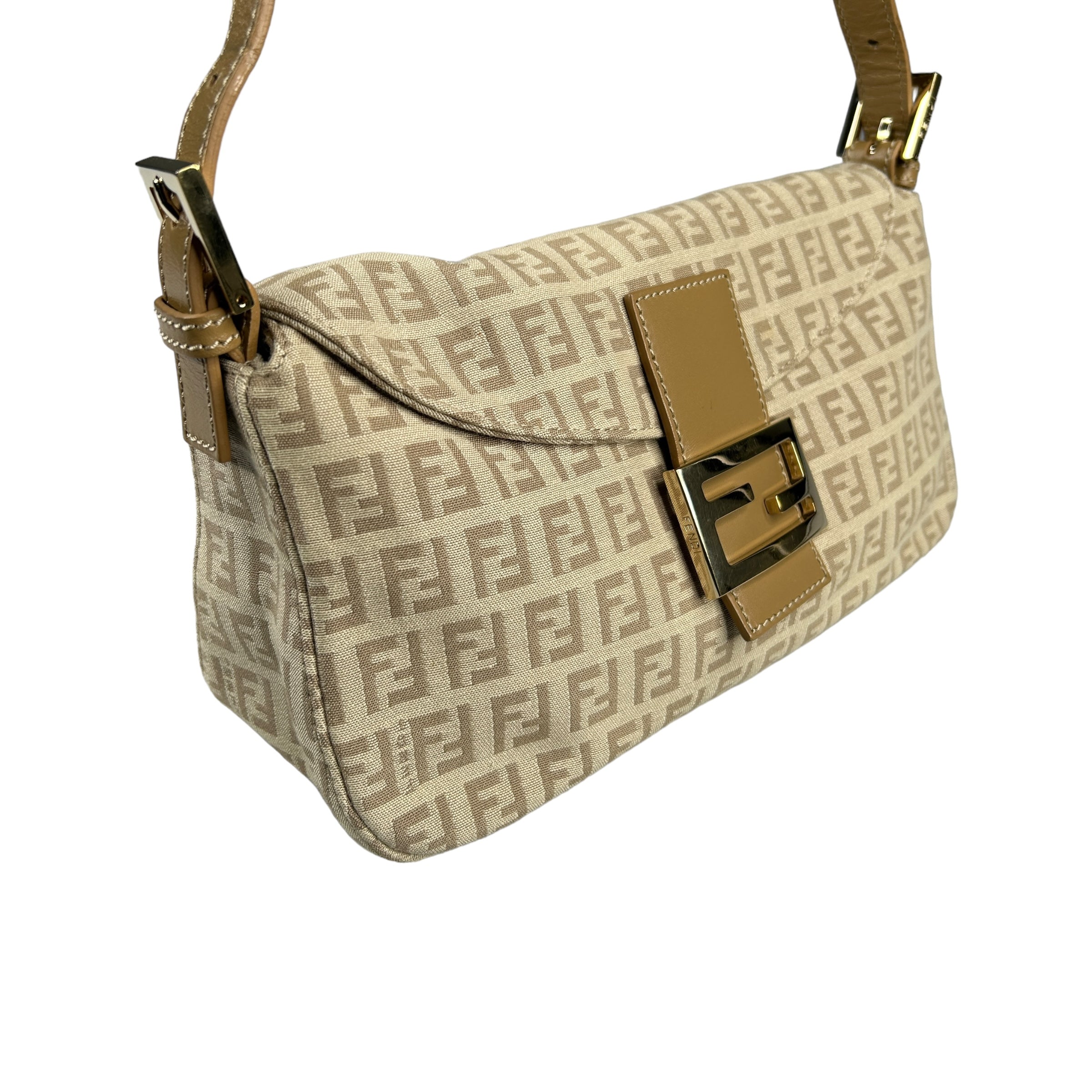 FENDI BEIGE ZUCCHINO CANVAS DOUBLE-FLAP BAGUETTE BAG
