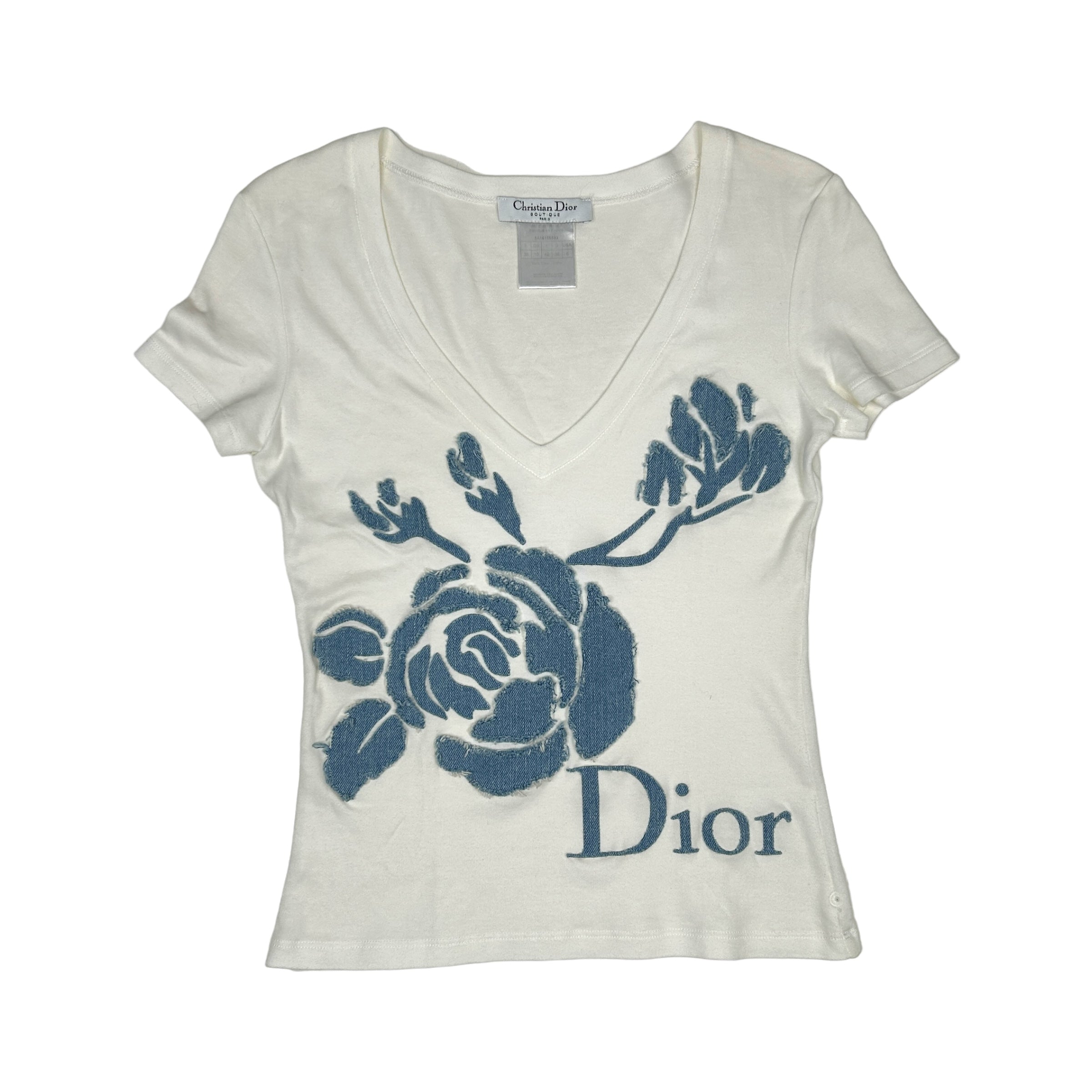 DIOR DENIM PATCH ROSE V SCOOP NECK TEE - WHITE