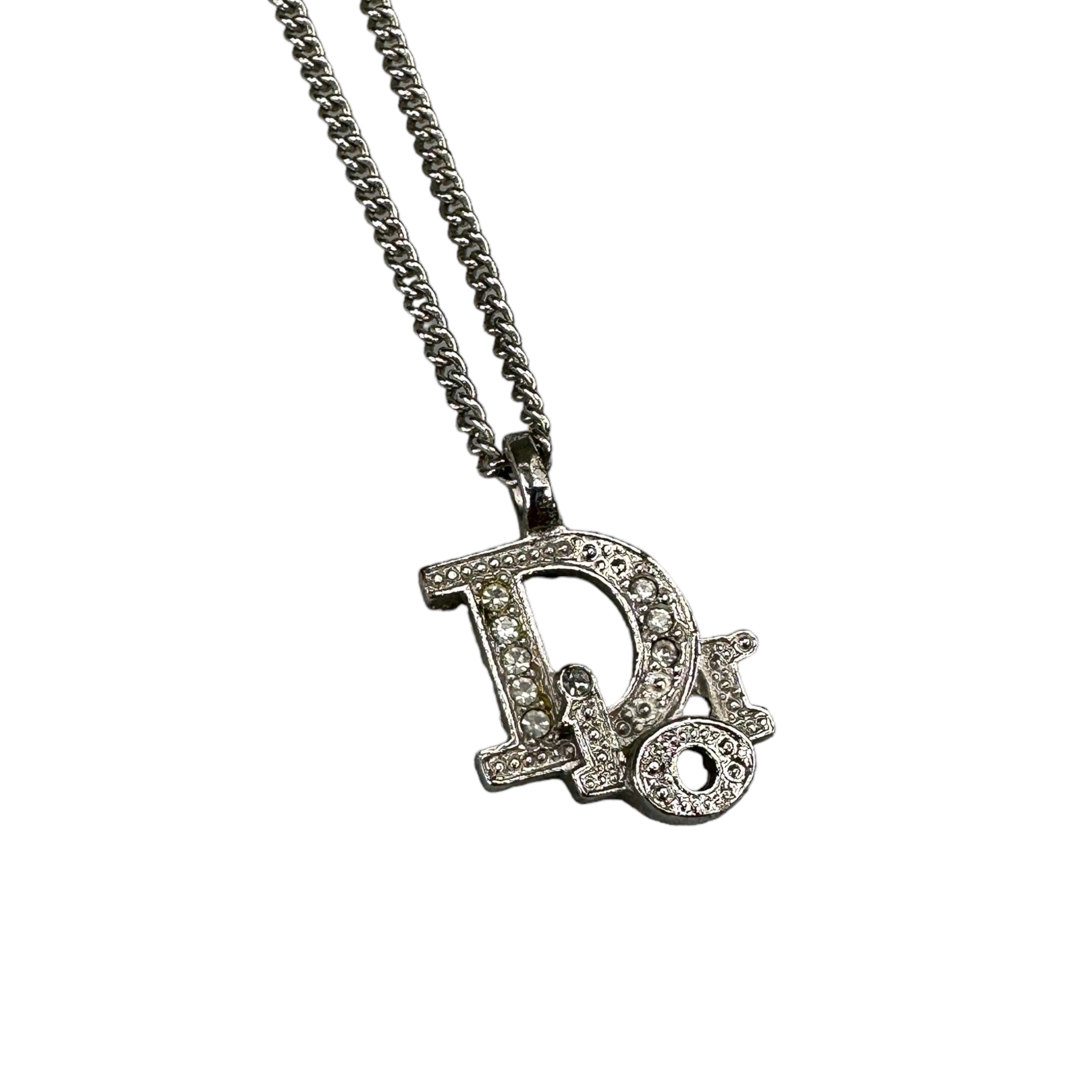 DIOR RHINESTONE OBLIQUE PENDANT NECKLACE - SILVER