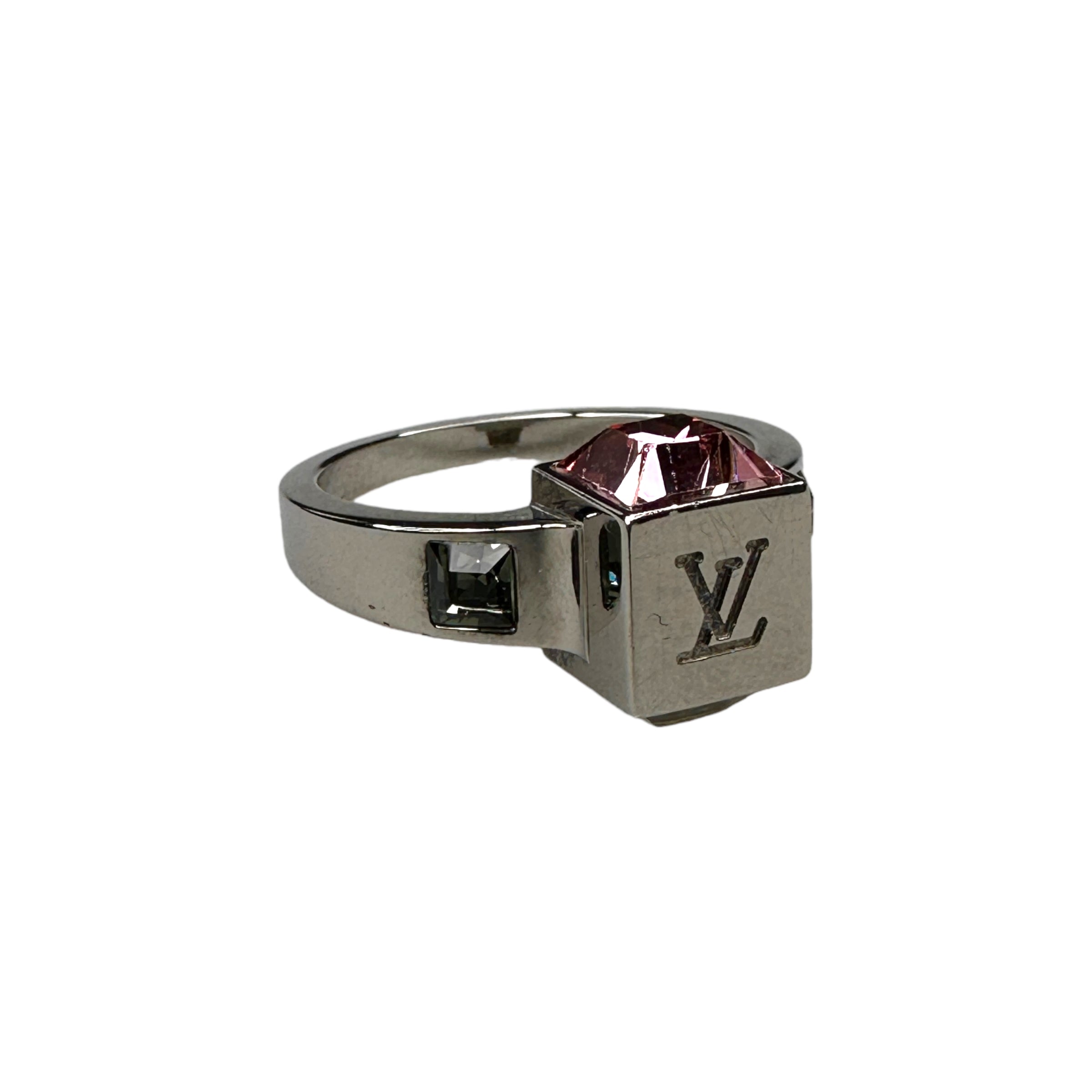 (M/13) LOUIS VUITTON PINK GAMBLE STONE RING - SILVER PLATED