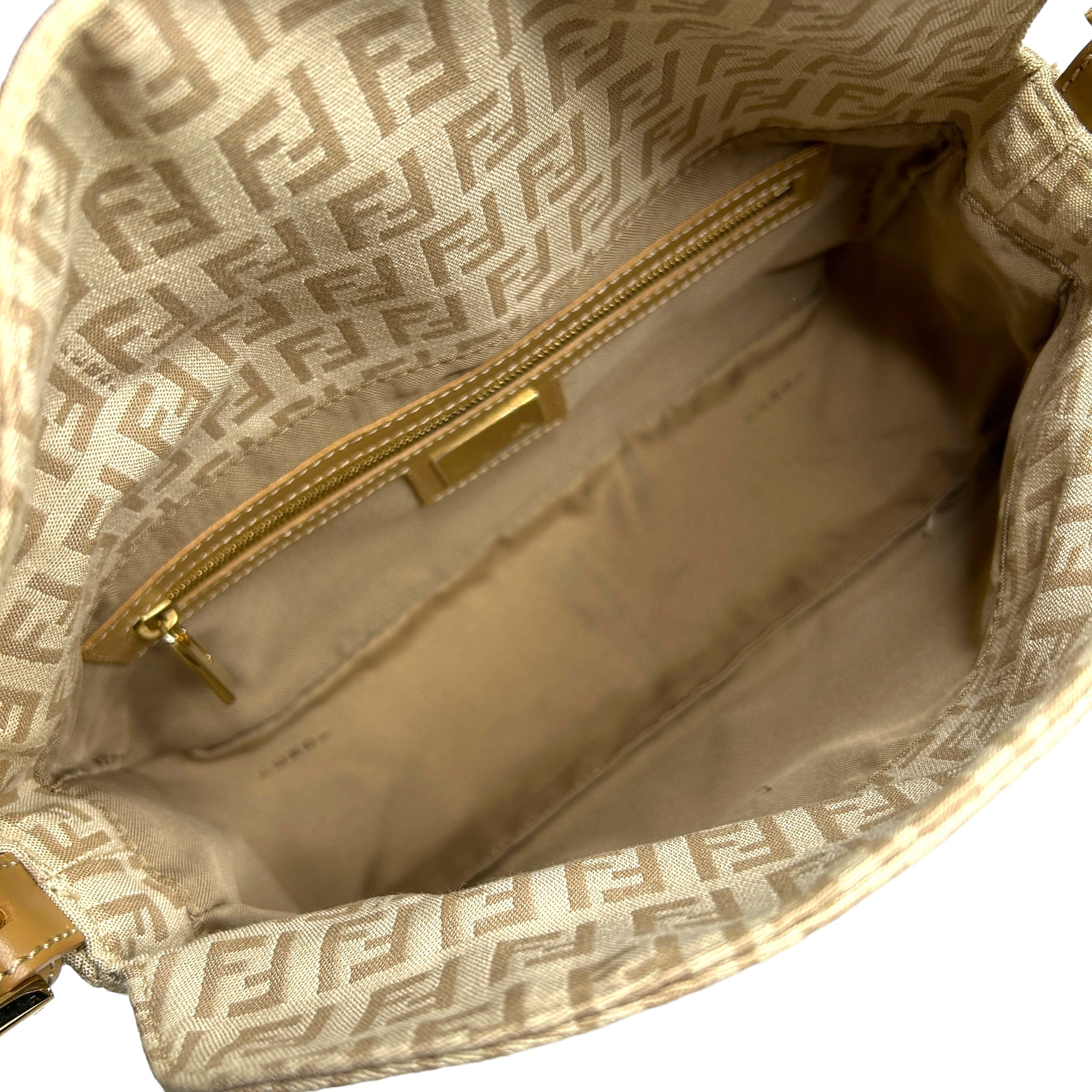 FENDI BEIGE ZUCCHINO CANVAS DOUBLE-FLAP BAGUETTE BAG