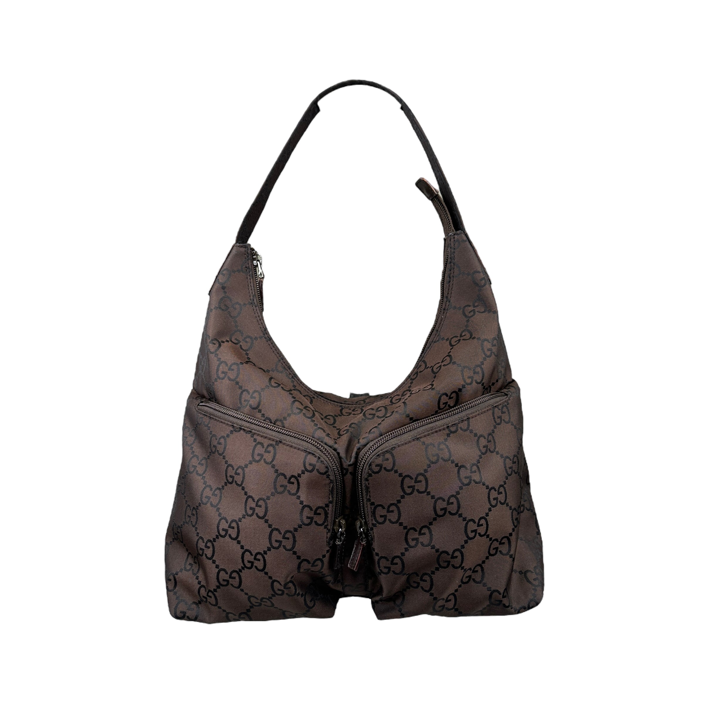 GUCCI BROWN GG NYLON DOUBLE POCKET HOBO BAG