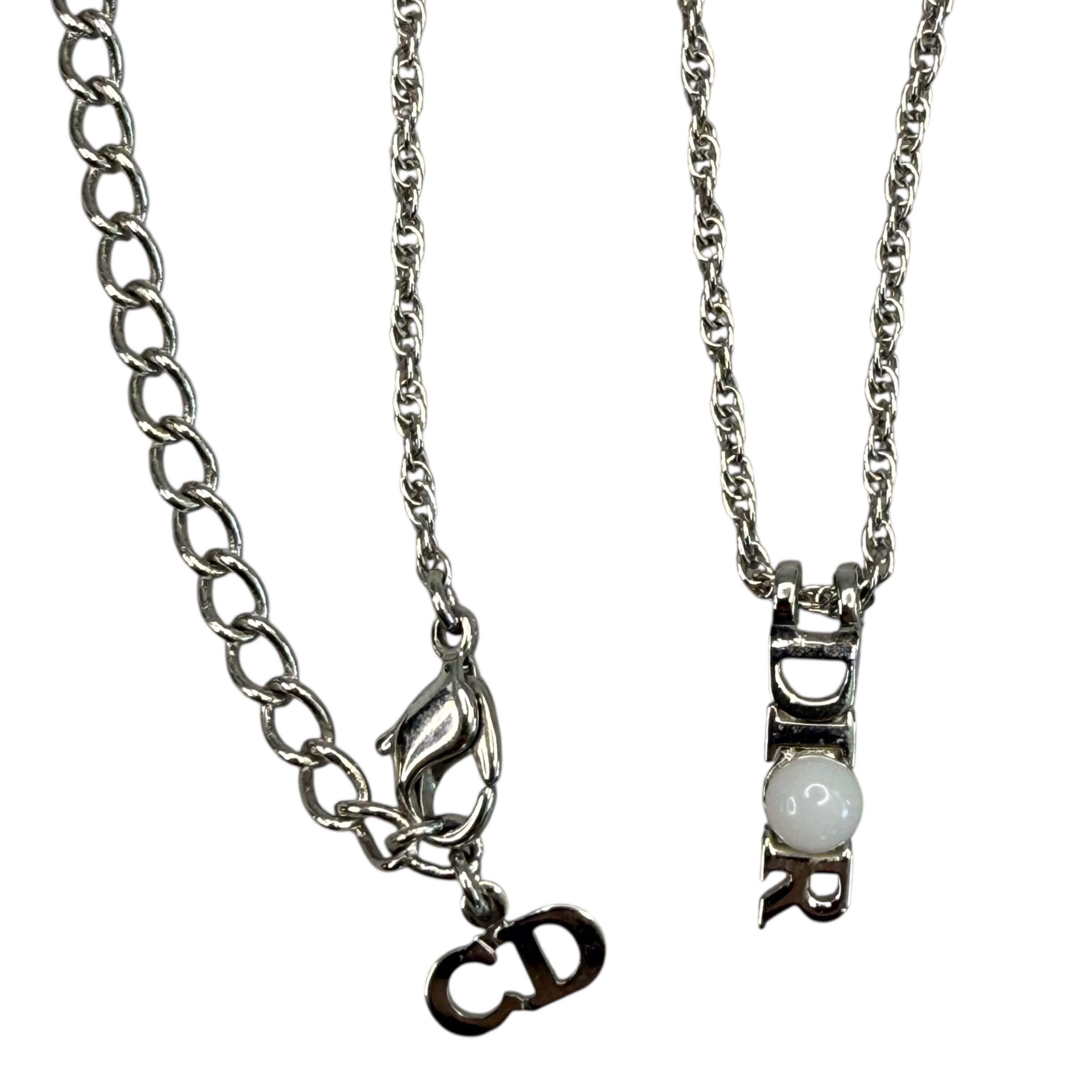 DIOR FAUX PEARL SPELLOUT NECKLACE - SILVER PLATED