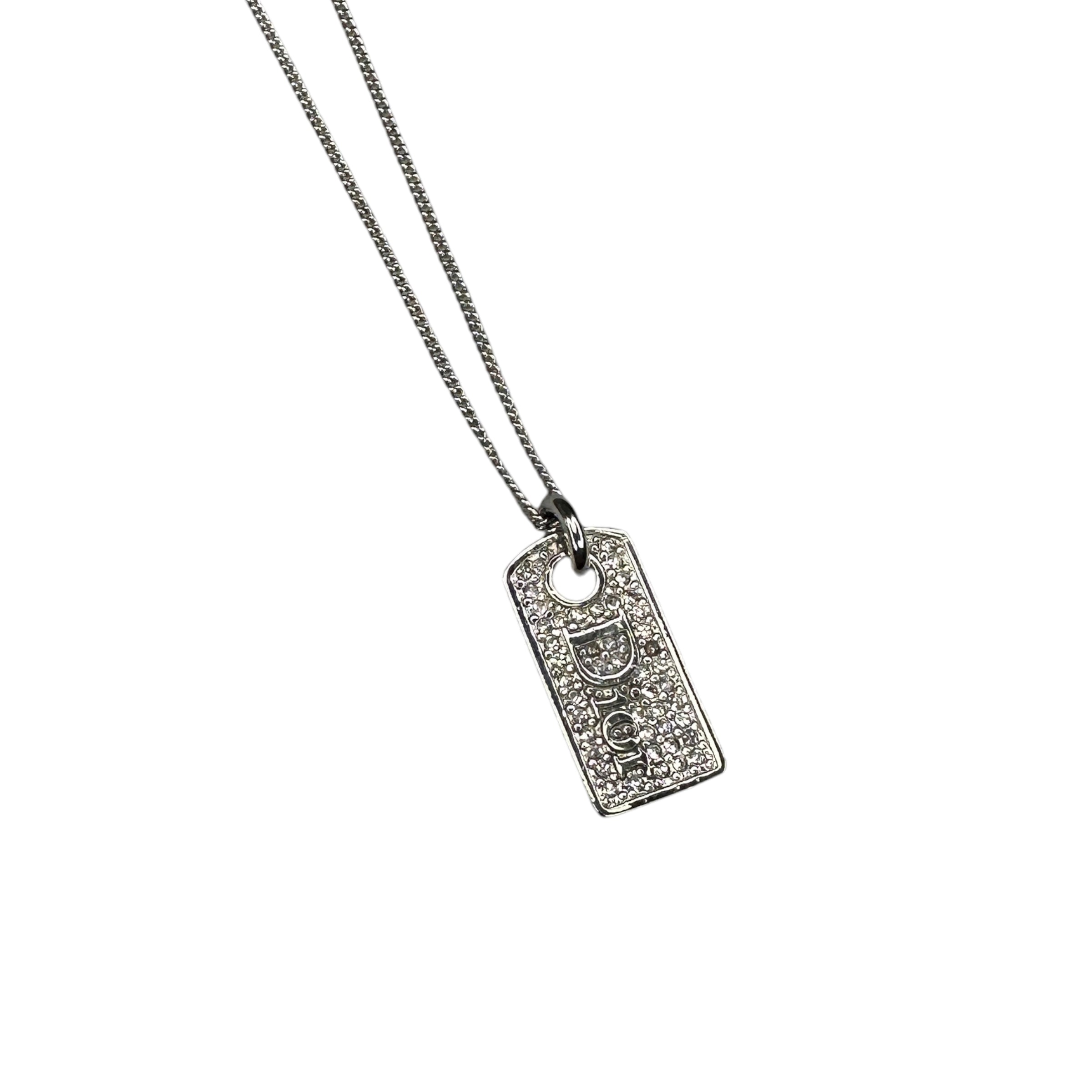 DIOR RHINESTONE SPELLOUT TAG NECKLACE - SILVER PLATED JE82