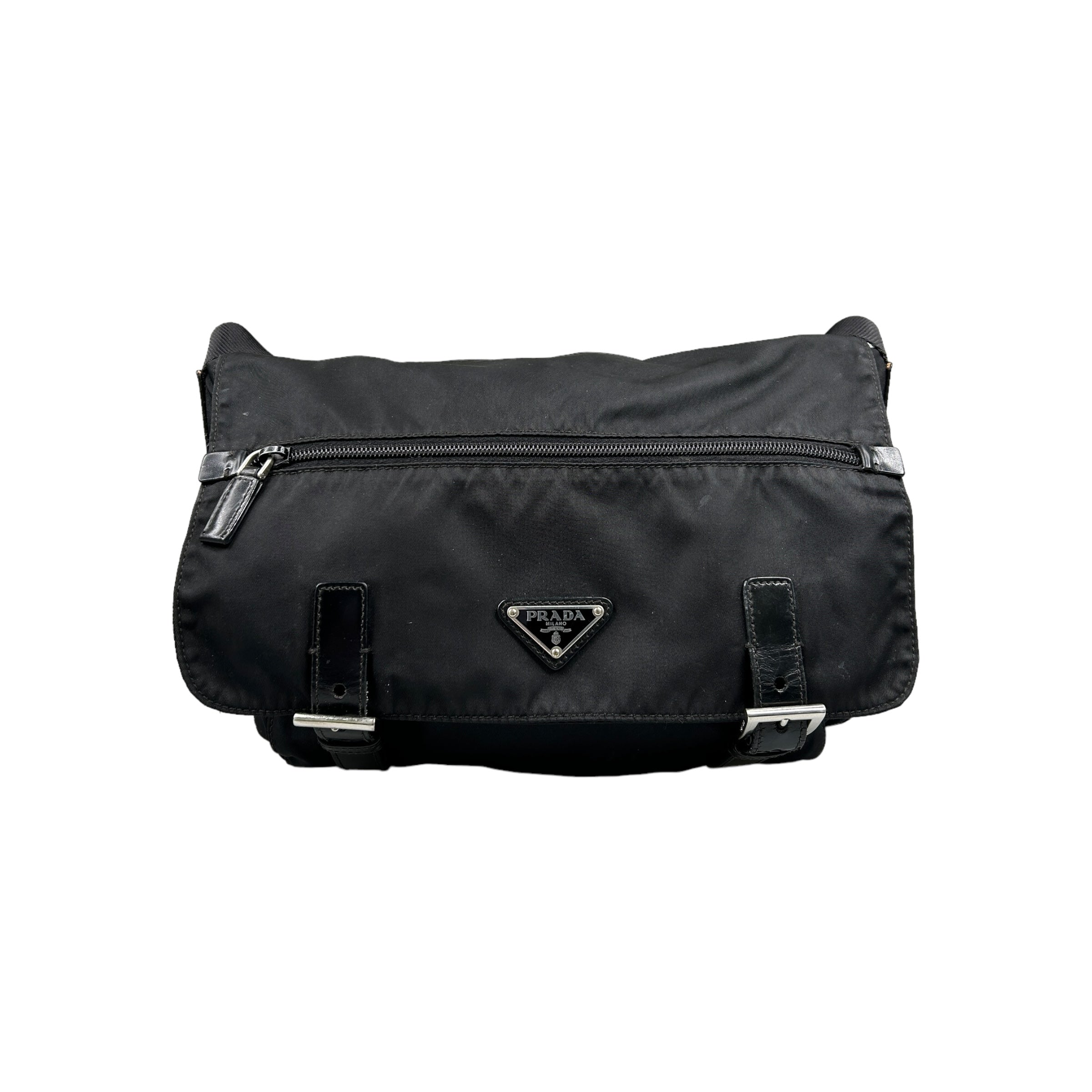 BLACK PRADA TWO STRAP NYLON MESSENGER BAG