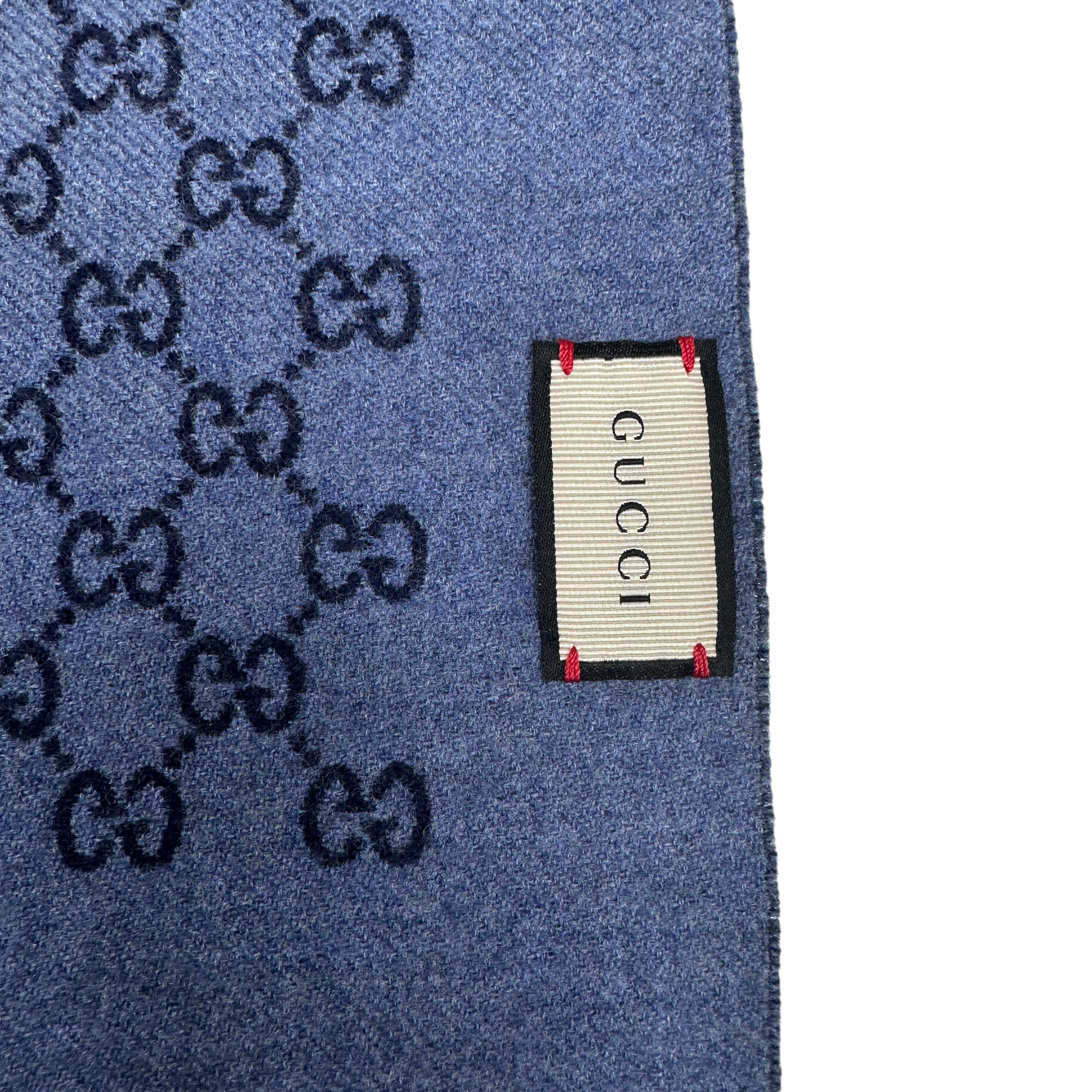 GUCCI NAVY / BLUE GG MONOGRAM WOOLLEN SCARF