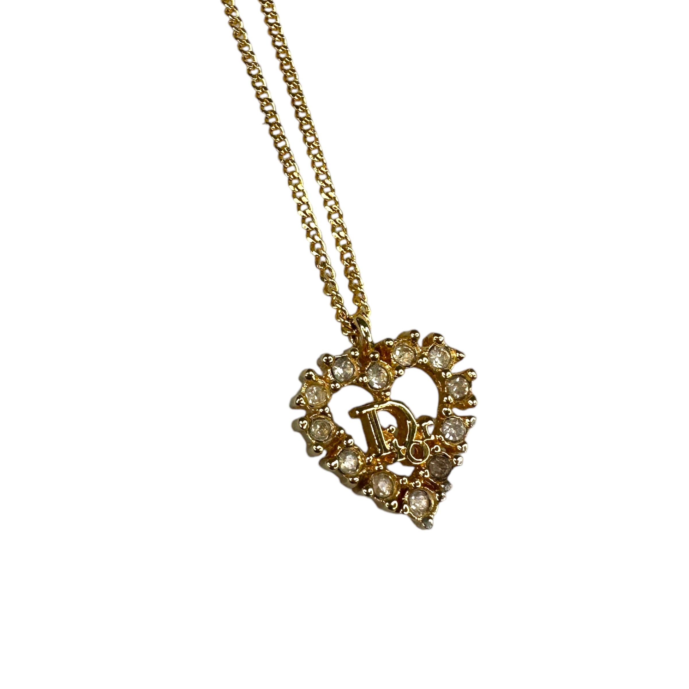 DIOR RHINESTONE OBLIQUE LOGO & HEART PENDANT NECKLACE - GOLD PLATED