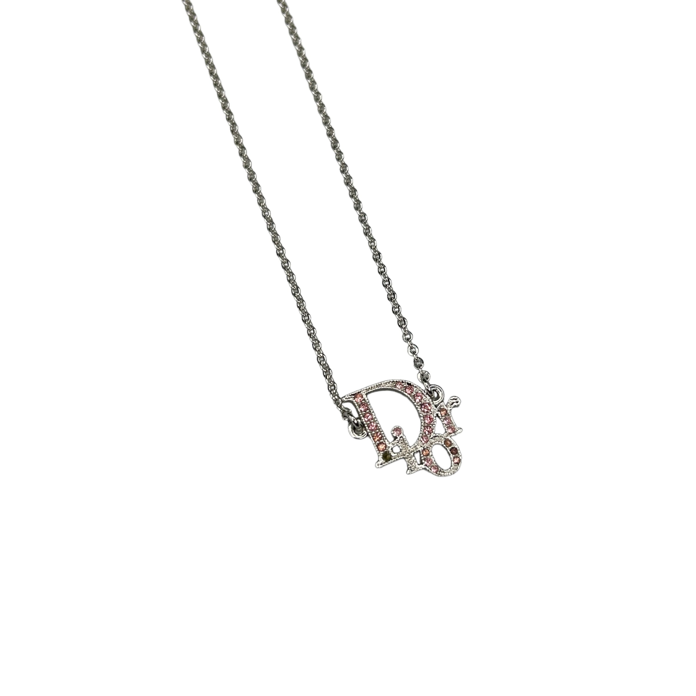 DIOR PINK RHINESTONE OBLIQUE PENDANT NECKLACE