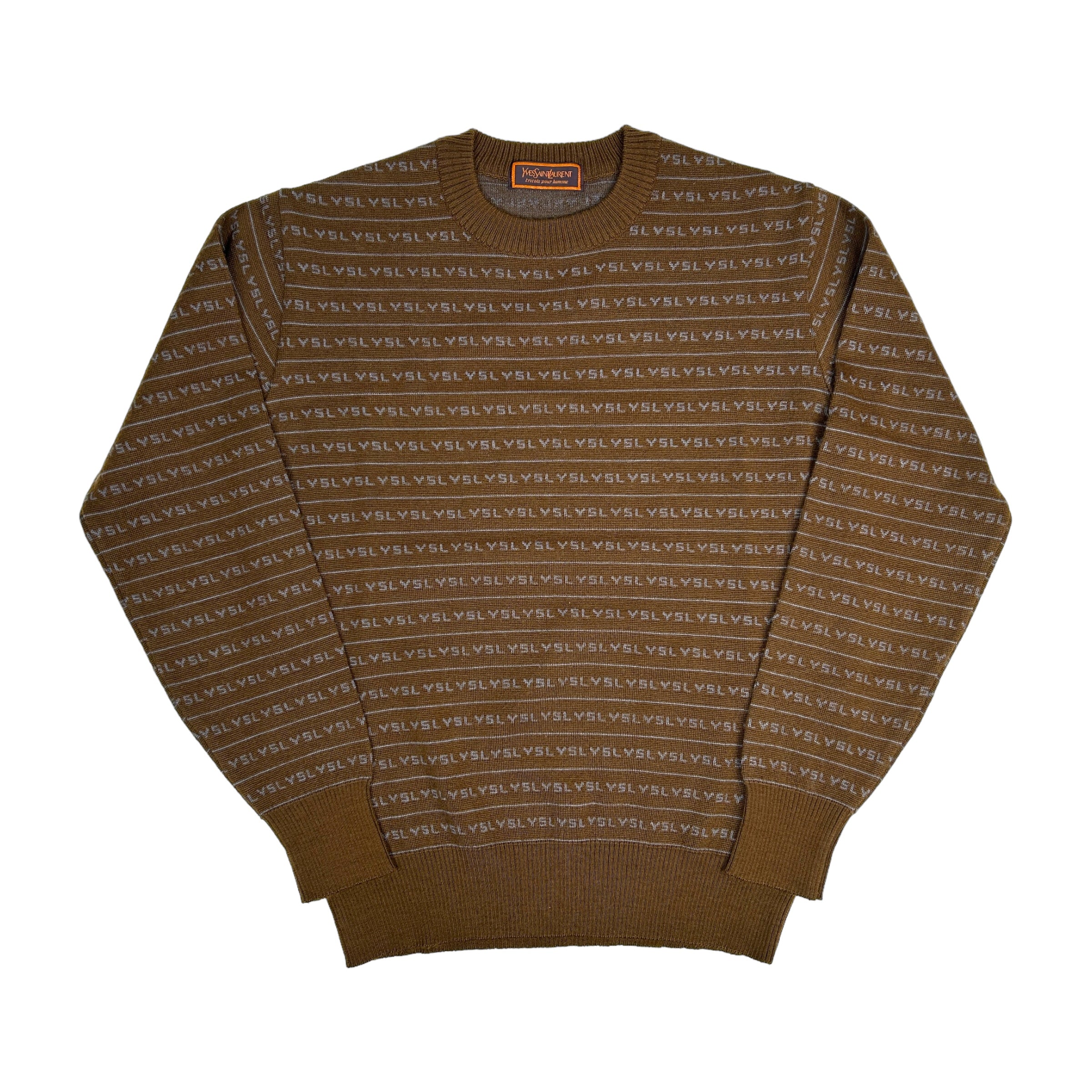 YSL BROWN AND BLUE REPEAT SPELLOUT KNIT SWEATER