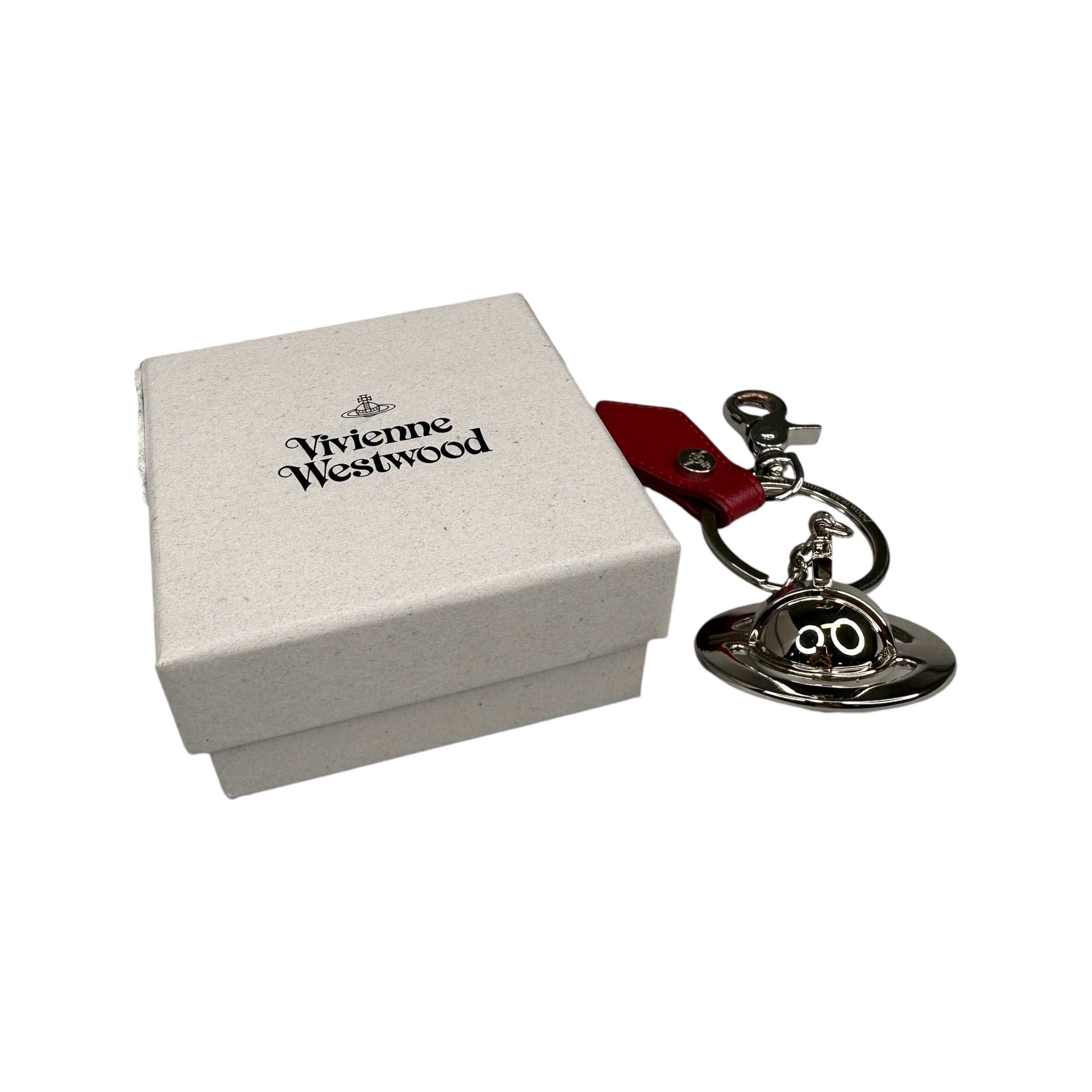 VIVIENNE WESTWOOD RED LEATHER 3D ORB KEYCHAIN - SILVER PLATED