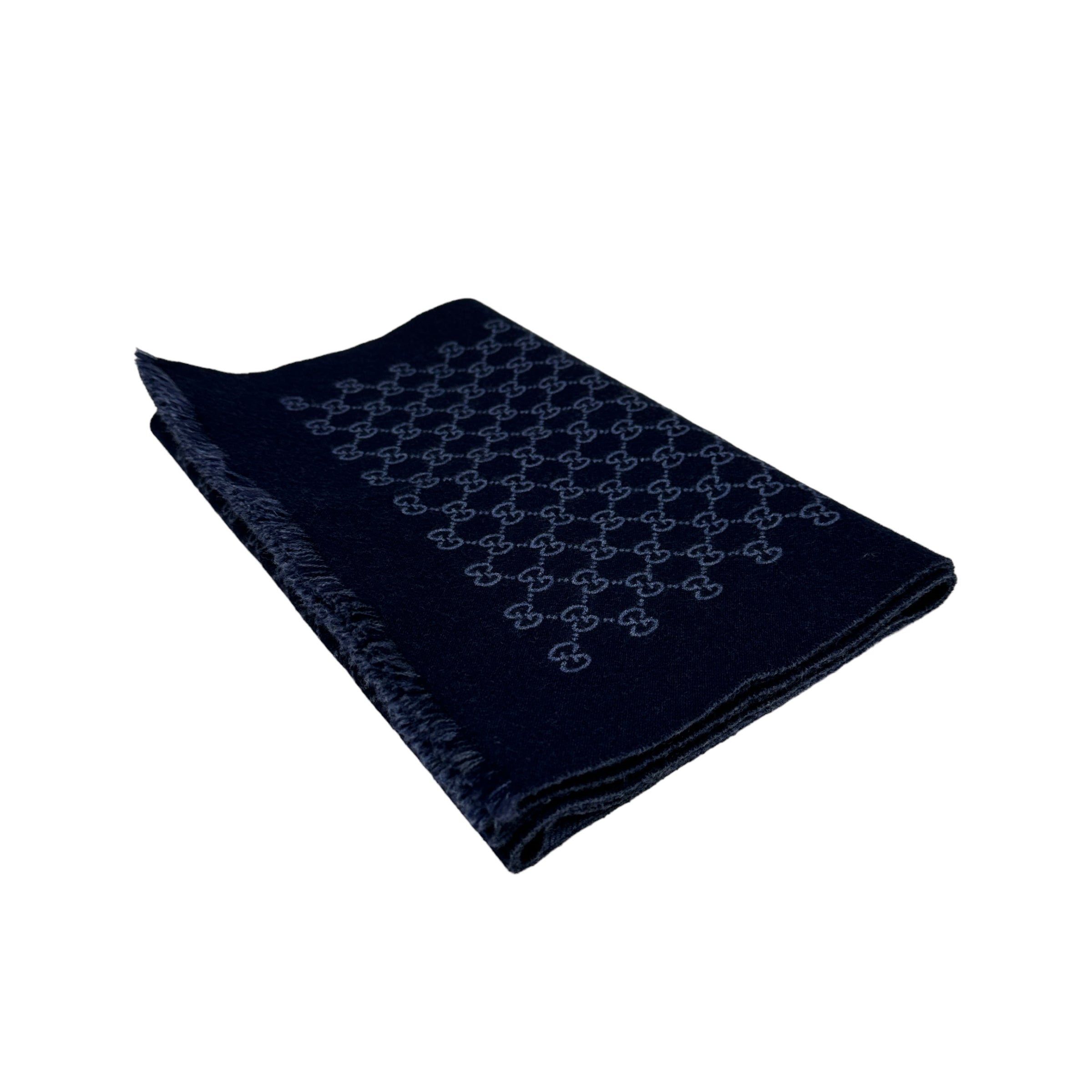 GUCCI NAVY / BLUE GG MONOGRAM WOOLLEN SCARF