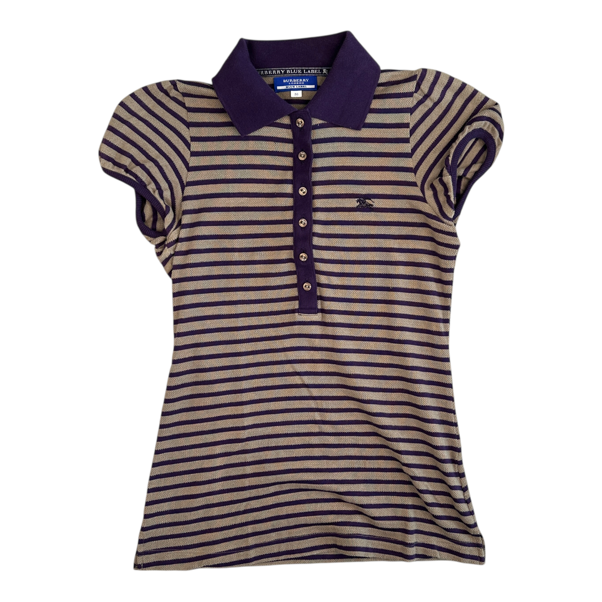 (38) BURBERRY BLUE LABEL STRIPED POLO SHIRT - PURPLE/BEIGE