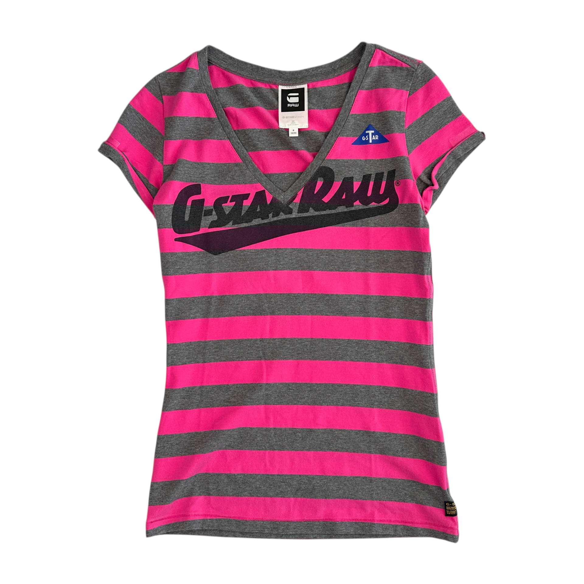 (M) G-STAR STRIPED V-NECK SHORT SLEEVE TOP - PINK/GREY