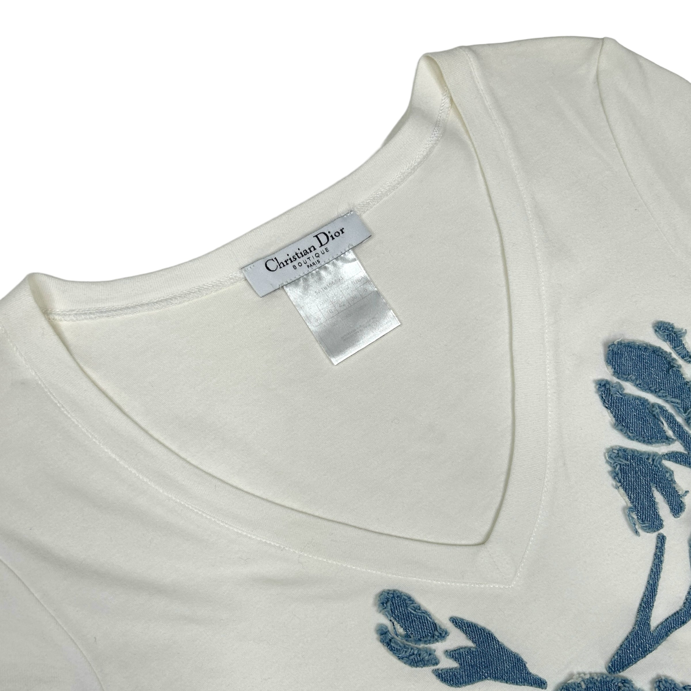 DIOR DENIM PATCH ROSE V SCOOP NECK TEE - WHITE