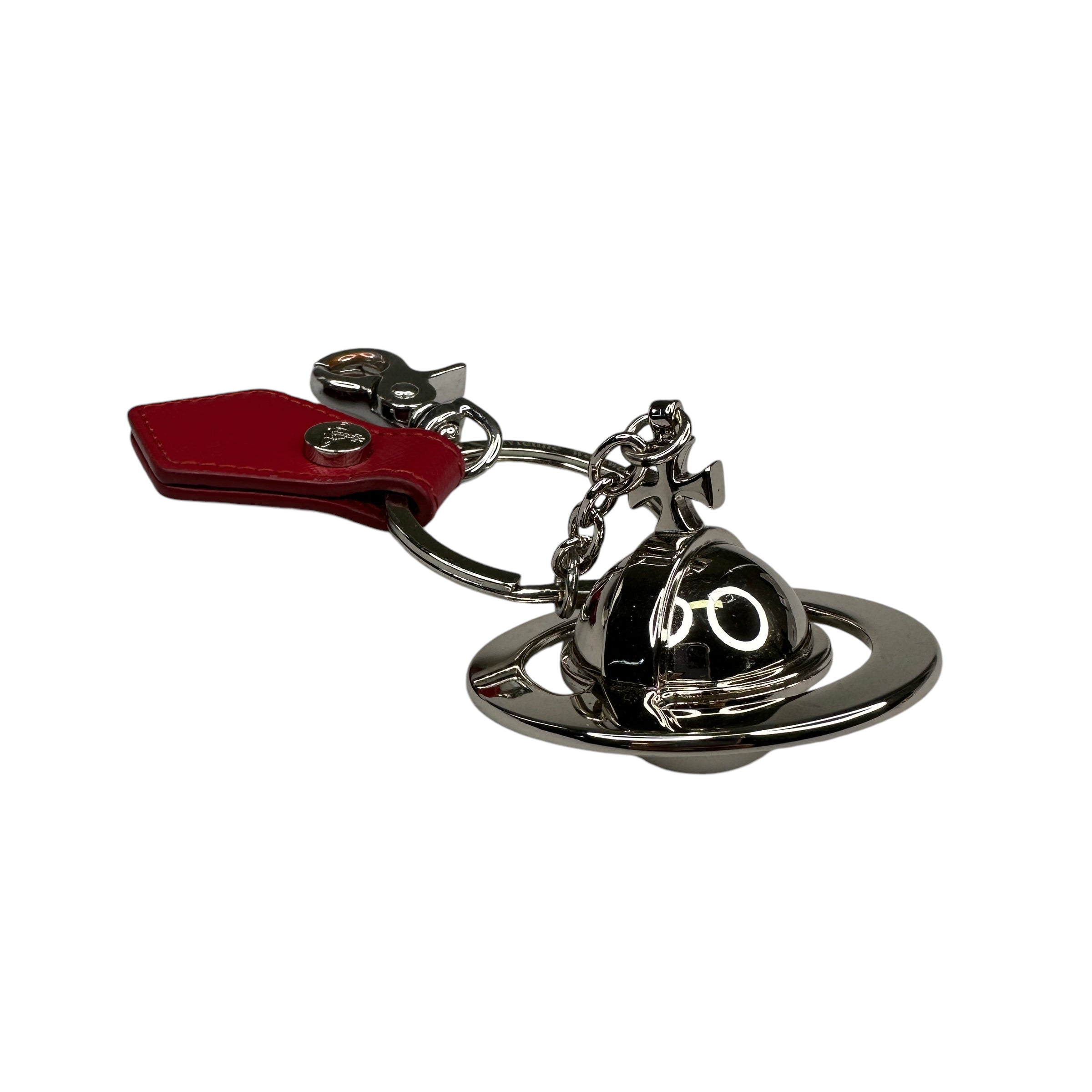 VIVIENNE WESTWOOD RED LEATHER 3D ORB KEYCHAIN - SILVER PLATED