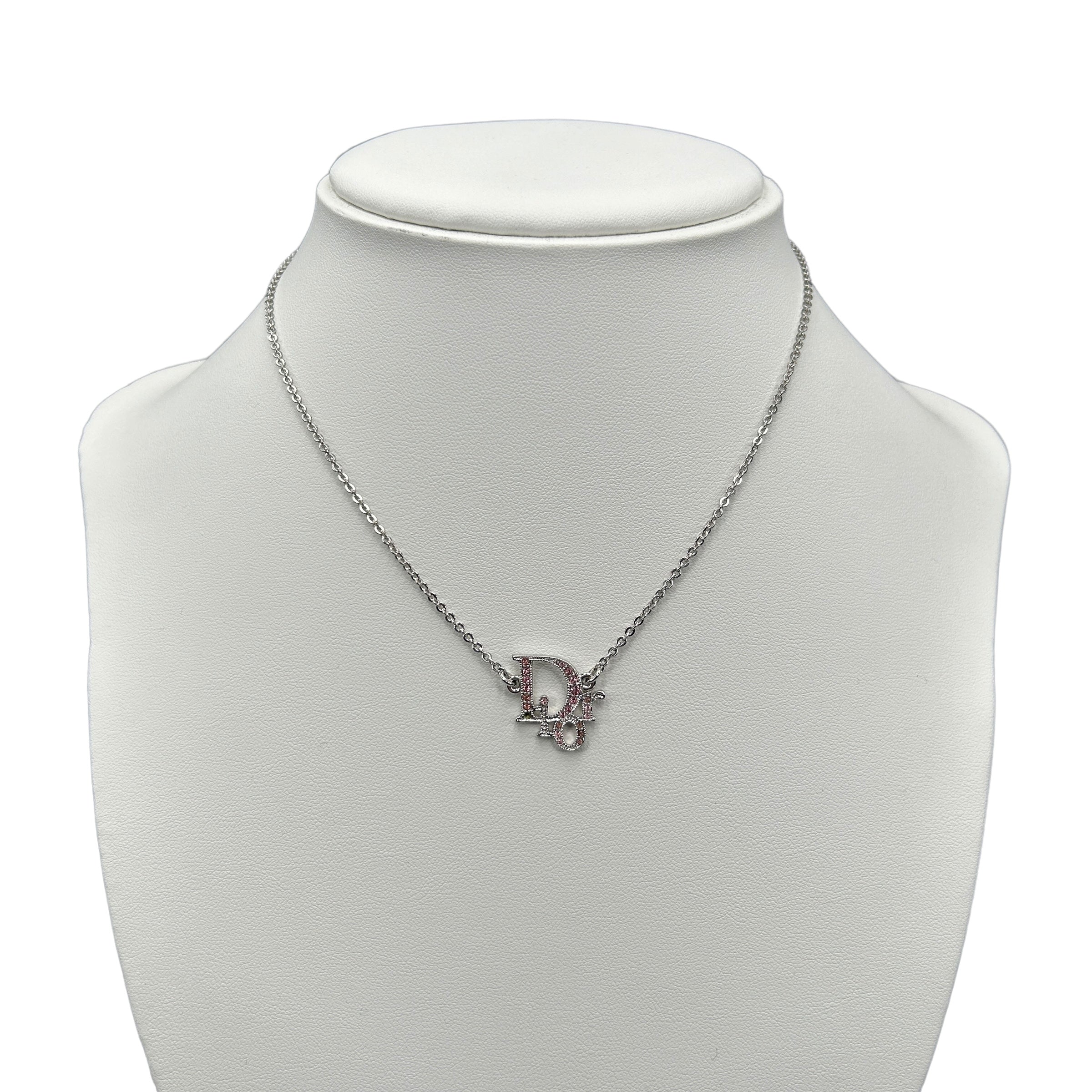 DIOR PINK RHINESTONE OBLIQUE PENDANT NECKLACE