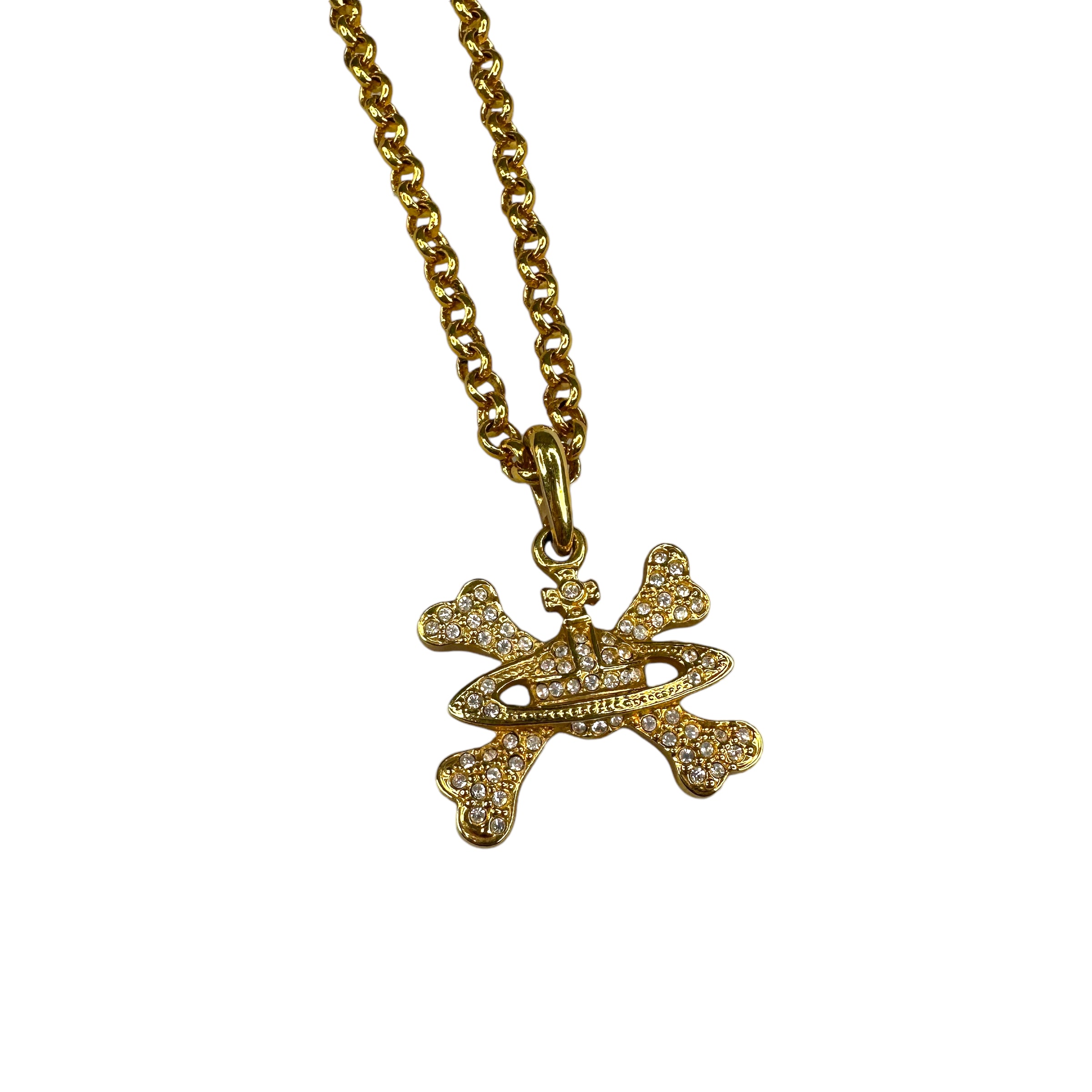 VIVIENNE WESTWOOD CROSSBONE & ORB RHINESTONE GOLD PLATED NECKLACE