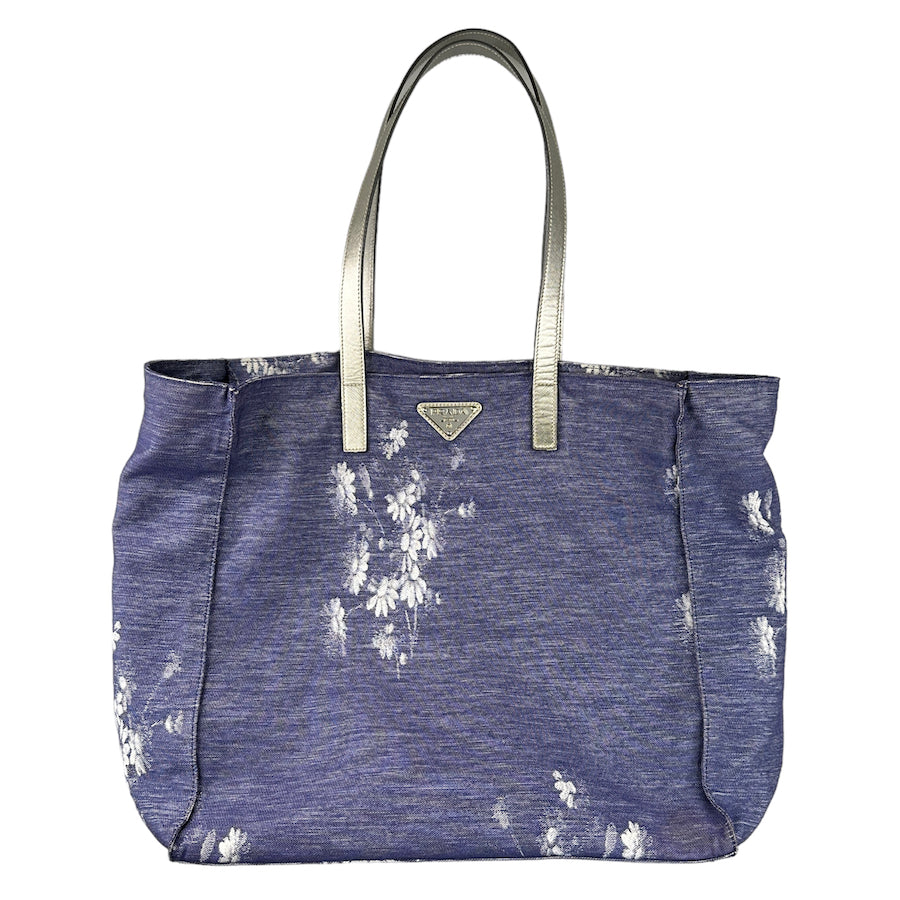 PRADA flower canvas tote bag - blue/silver