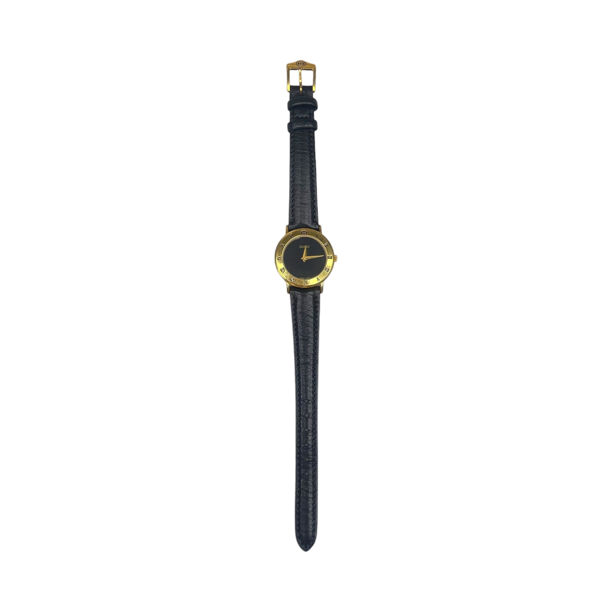 GUCCI BLACK/GOLD QUARTZ LEATHER WATCH