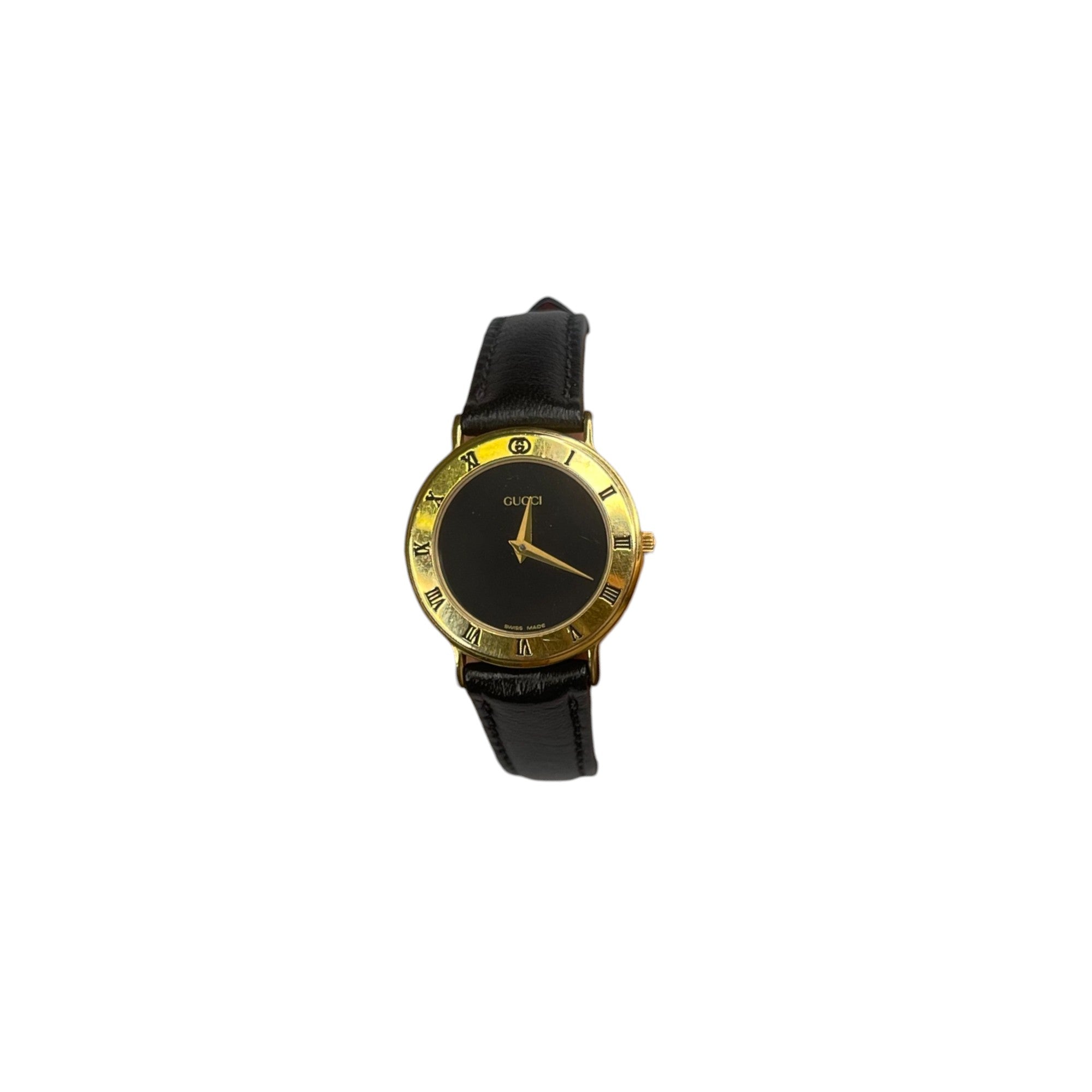 GUCCI BLACK/GOLD QUARTZ LEATHER WATCH