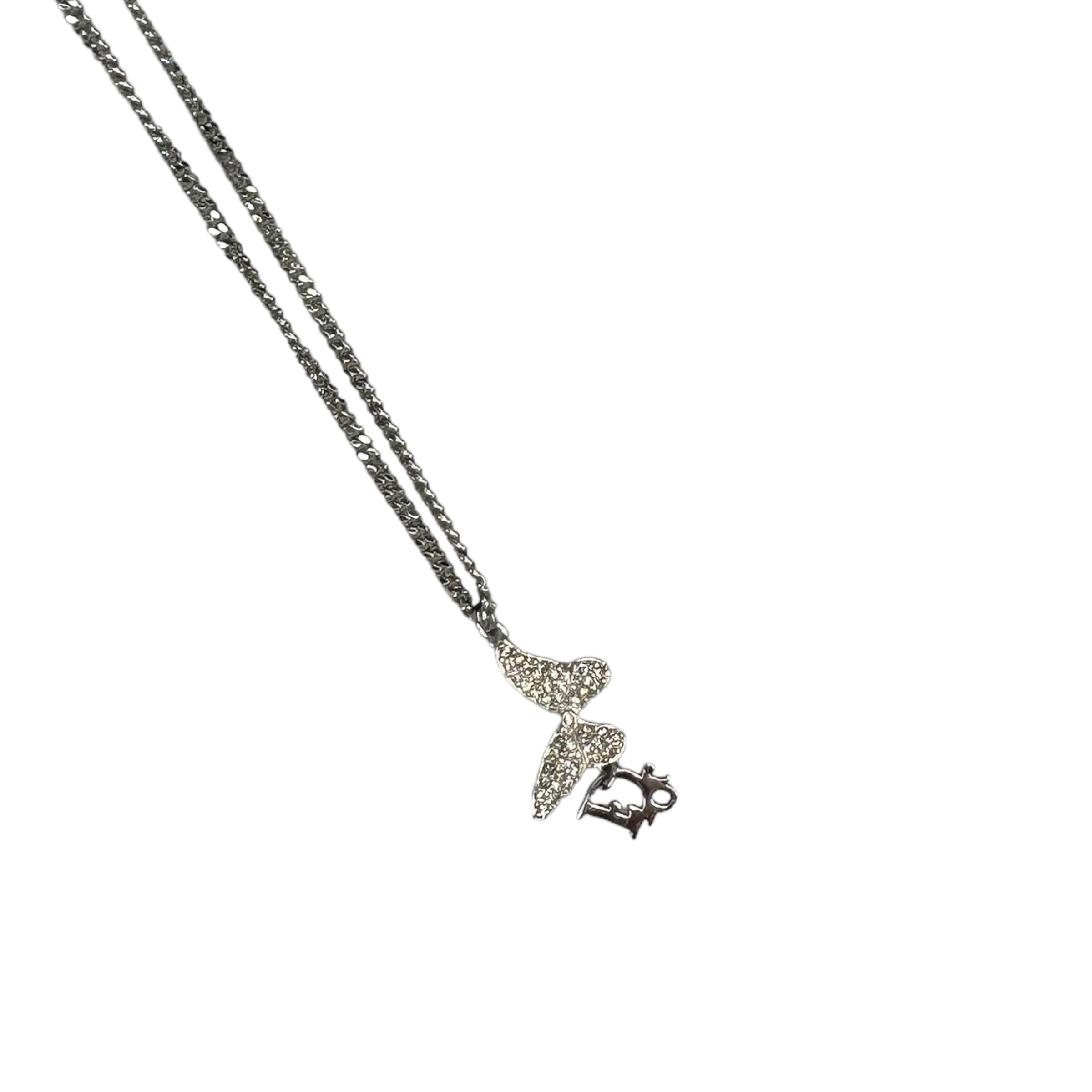 DIOR RHINESTONE BUTTERFLY & OBLIQUE CHARM NECKLACE