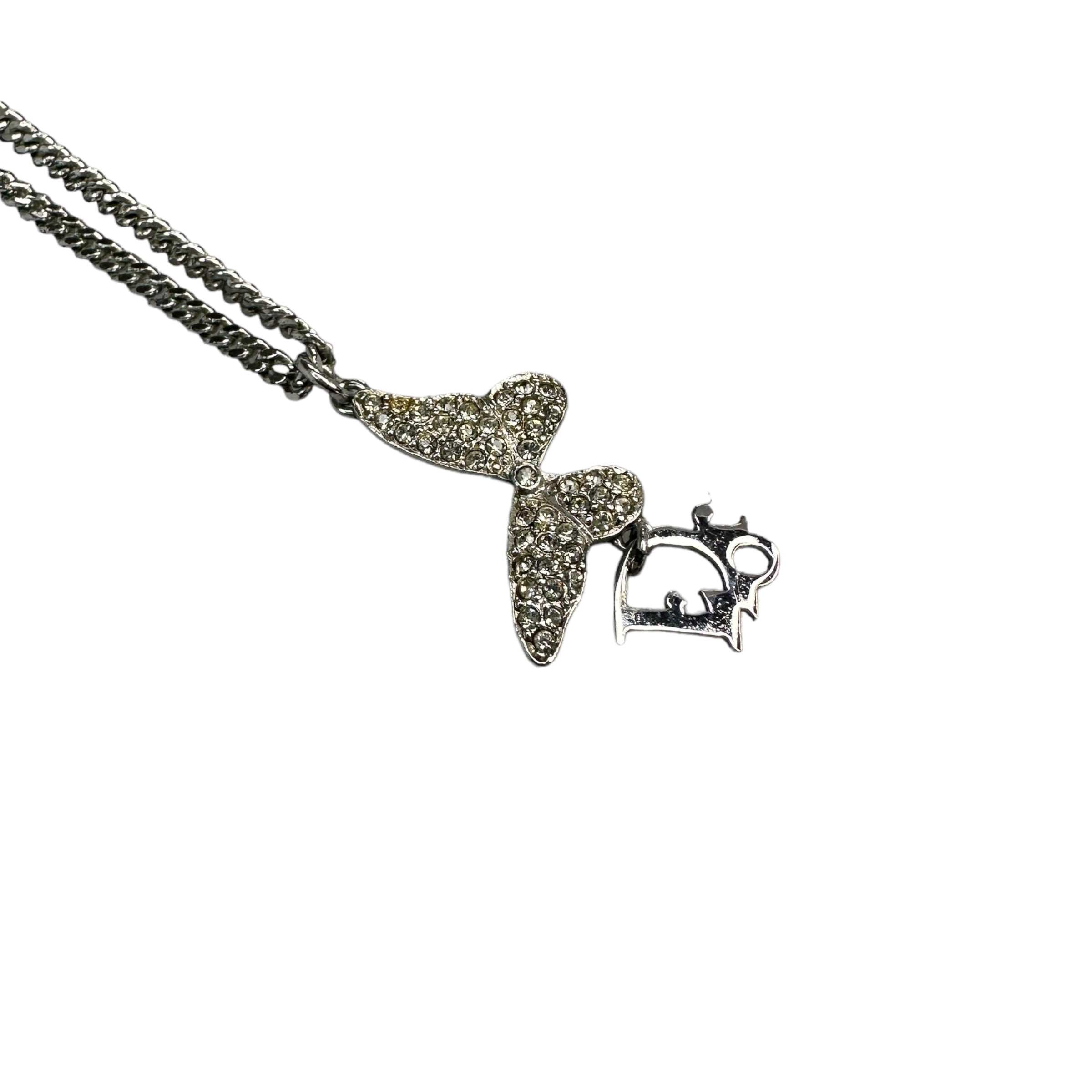DIOR RHINESTONE BUTTERFLY & OBLIQUE CHARM NECKLACE