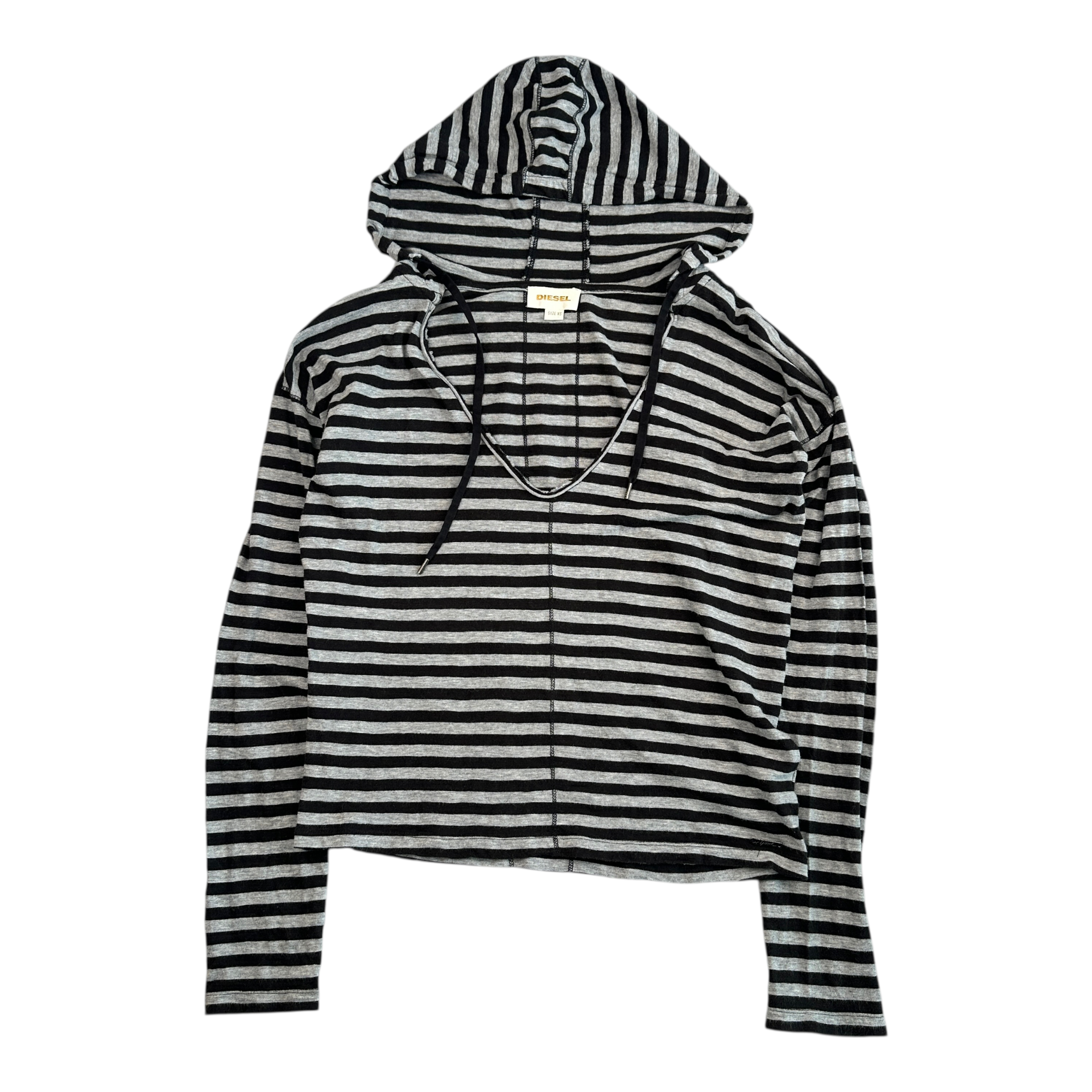 (XS) DIESEL STRIPED HOODED V-NECK LONG SLEEVE - BLACK/GREY