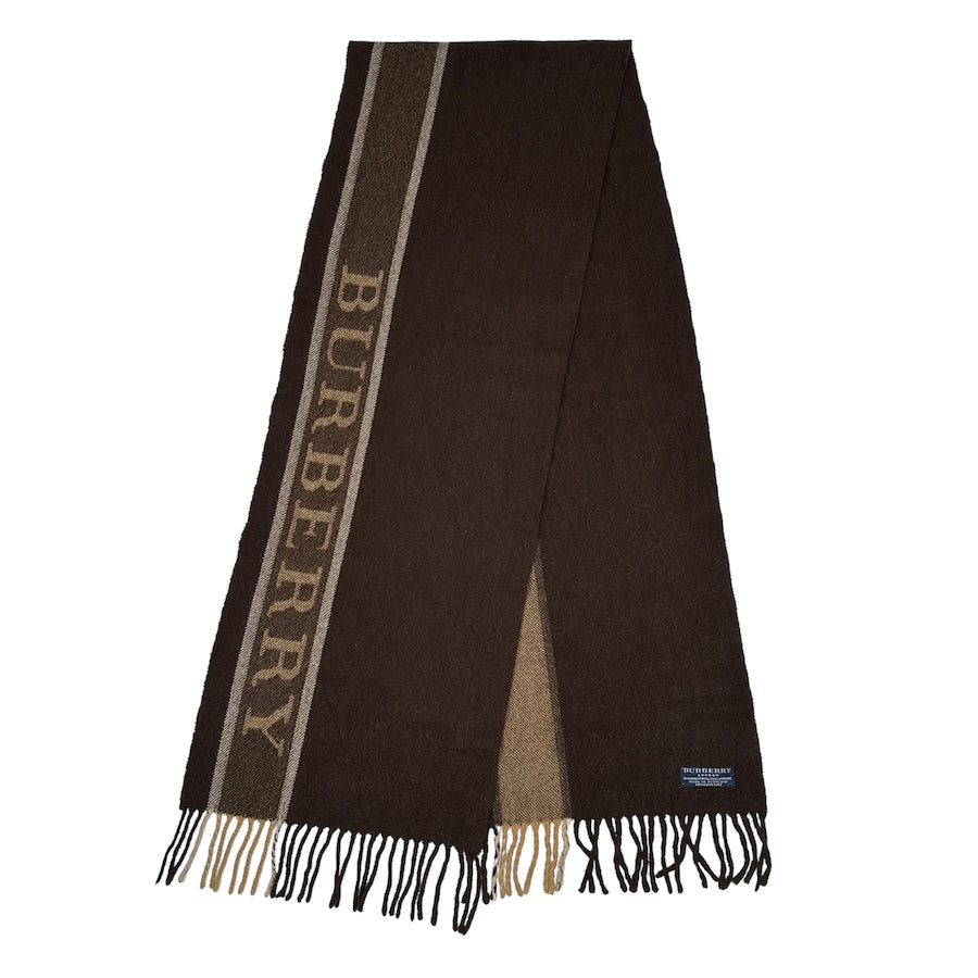 BURBERRY WOOL/CASHMERE BLEND BROWN SPELLOUT SCARF