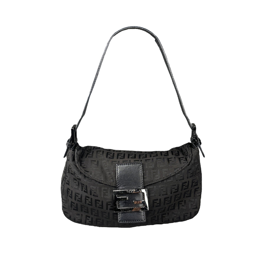 FENDI BLACK ZUCCHINO CANVAS DOUBLE FLAP BAGUETTE BAG