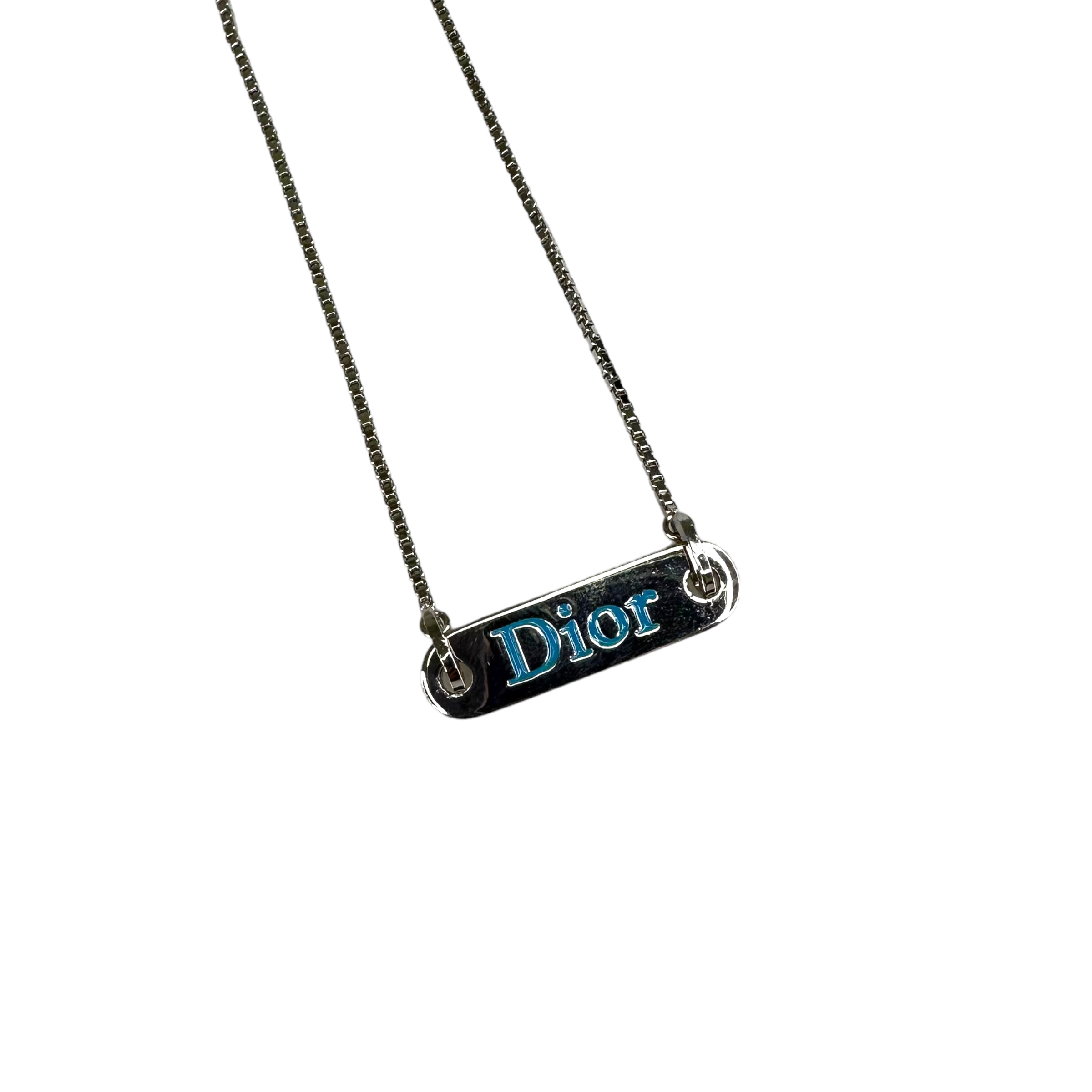 DIOR DEBOSSED PLATE BLUE SPELLOUT NECKLACE SILVER-PLATED