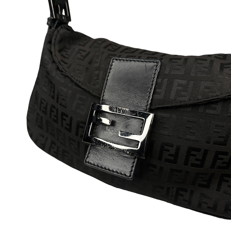 FENDI BLACK ZUCCHINO CANVAS DOUBLE FLAP BAGUETTE BAG