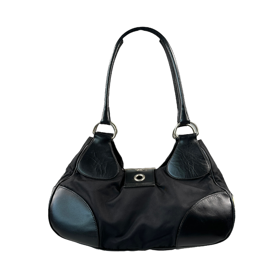 PRADA BLACK NYLON/LEATHER BUCKLE SHOULDER BAG
