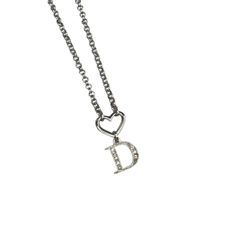 DIOR RHINESTONE & HEART CHARM SILVER-PLATED NECKLACE