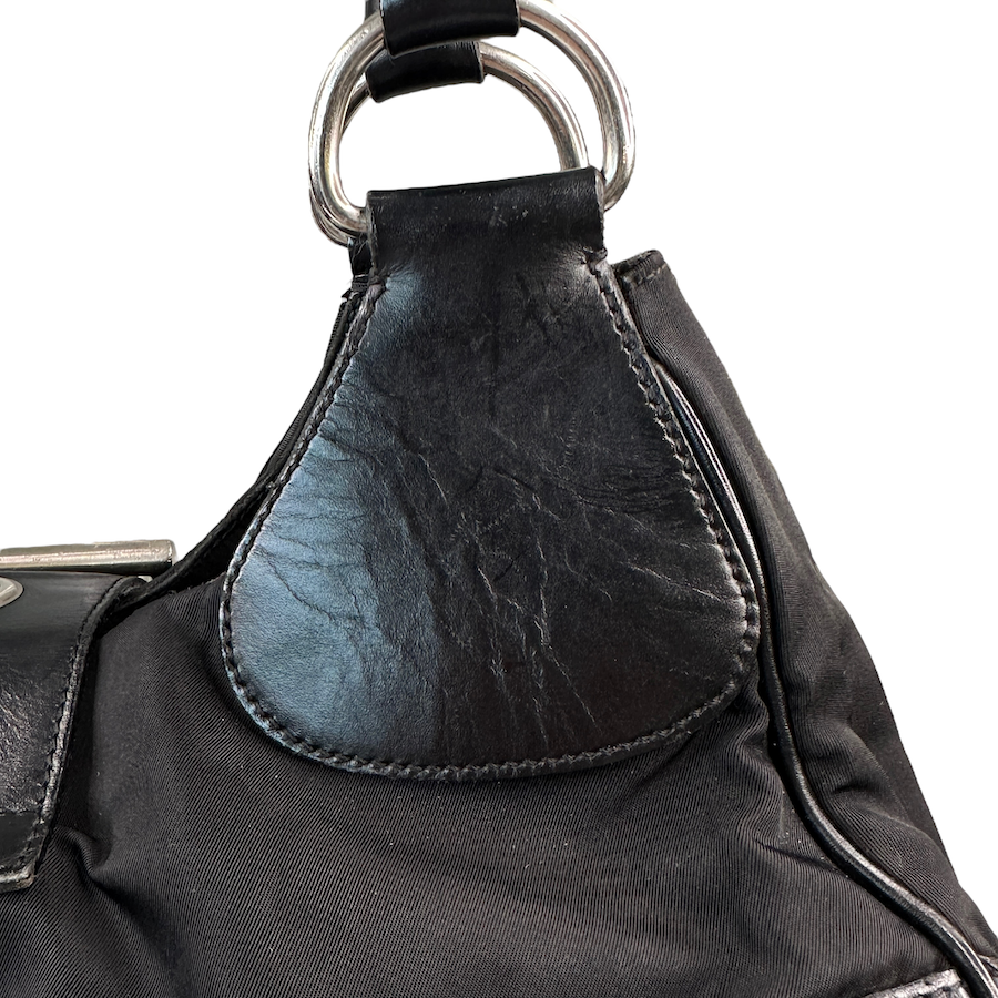 PRADA BLACK NYLON/LEATHER BUCKLE SHOULDER BAG