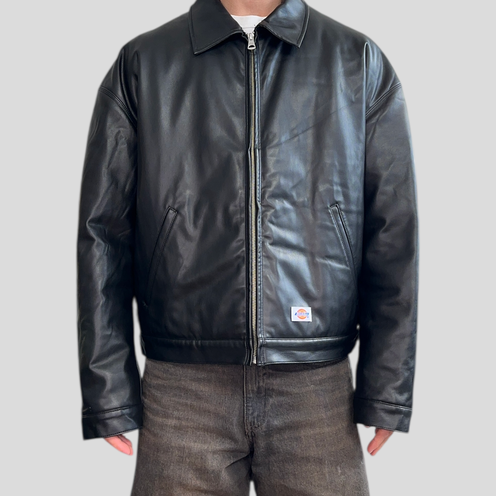 SHINYA KOZUKA X DICKIES FAUX LEATHER TRUCKER JACKET – Top Floor SHINYA KOZUKA X DICKIES FAUX LEATHER TRUCKER JACKET – Top Floor
