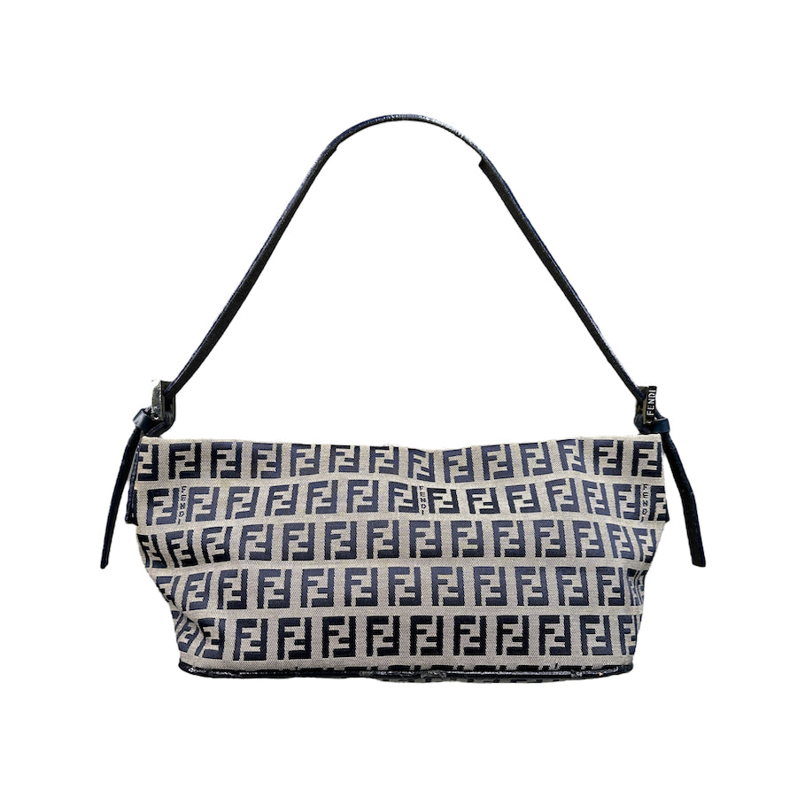 FENDI ZUCCHINO CANVAS SATIN-LINED BOAT POCHETTE - NAVY / GREY