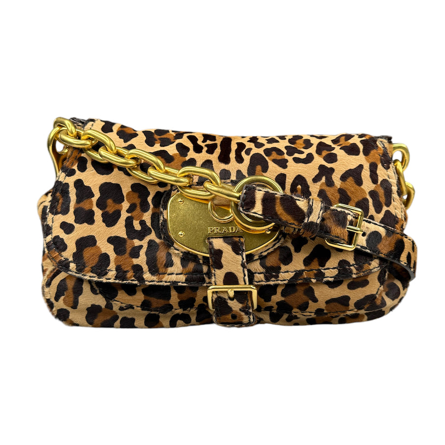 PRADA 2010 CALF HAIR LEOPARD PRINT CHAIN SHOULDER BAG