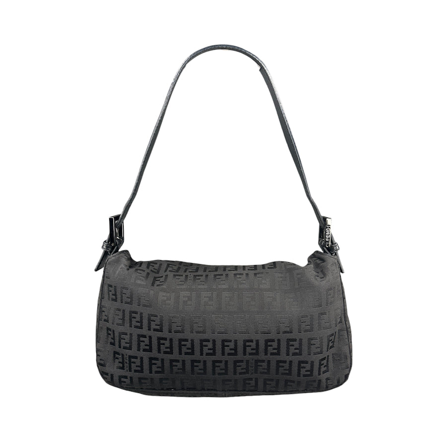 FENDI BLACK ZUCCHINO CANVAS DOUBLE FLAP BAGUETTE BAG