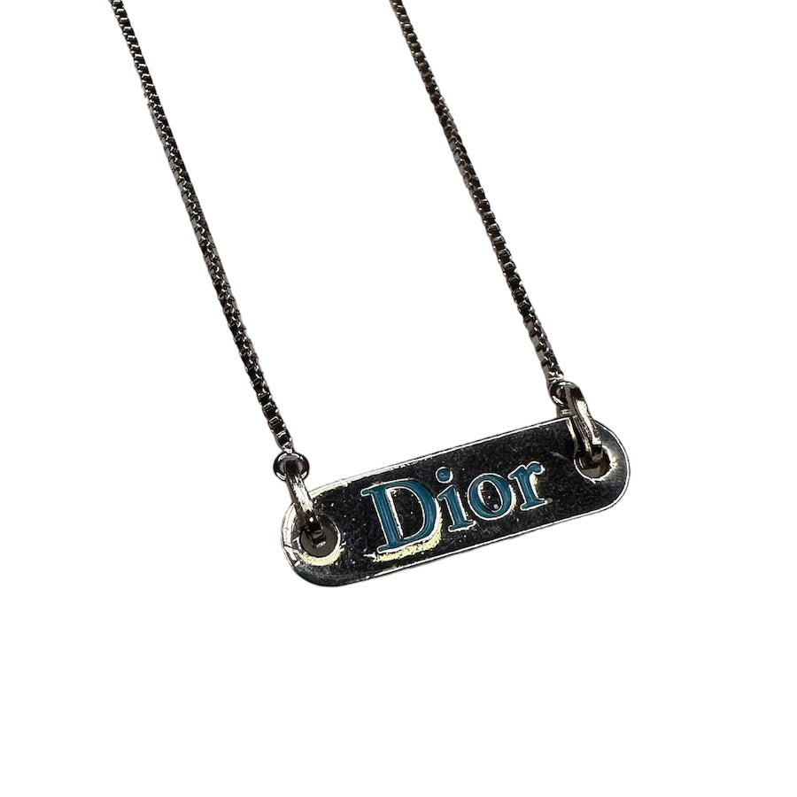 DIOR SILVER/BLUE LOGO PLATE NECKLACE