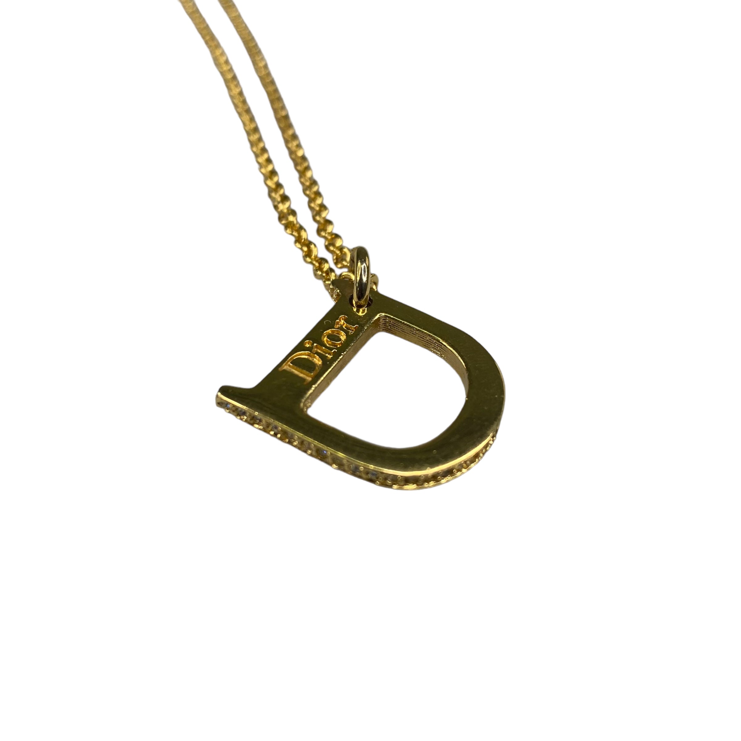 DIOR D WITH RHINESTONES BORDER GOLD PLATED NECKLACE