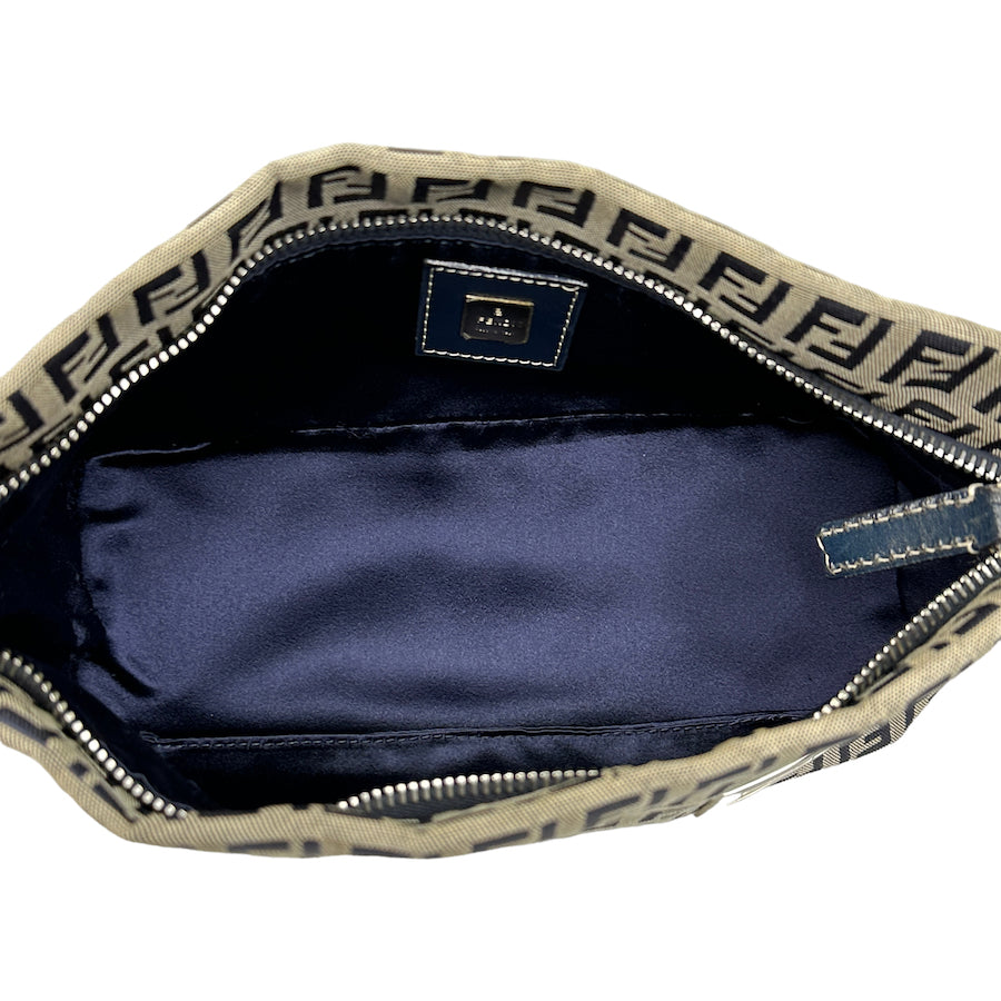 FENDI ZUCCHINO CANVAS SATIN-LINED BOAT POCHETTE - NAVY / GREY