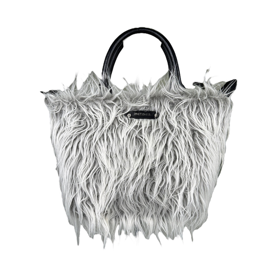 DIESEL FAUX FUR ZIP TOTE BAG - GREY / BLACK